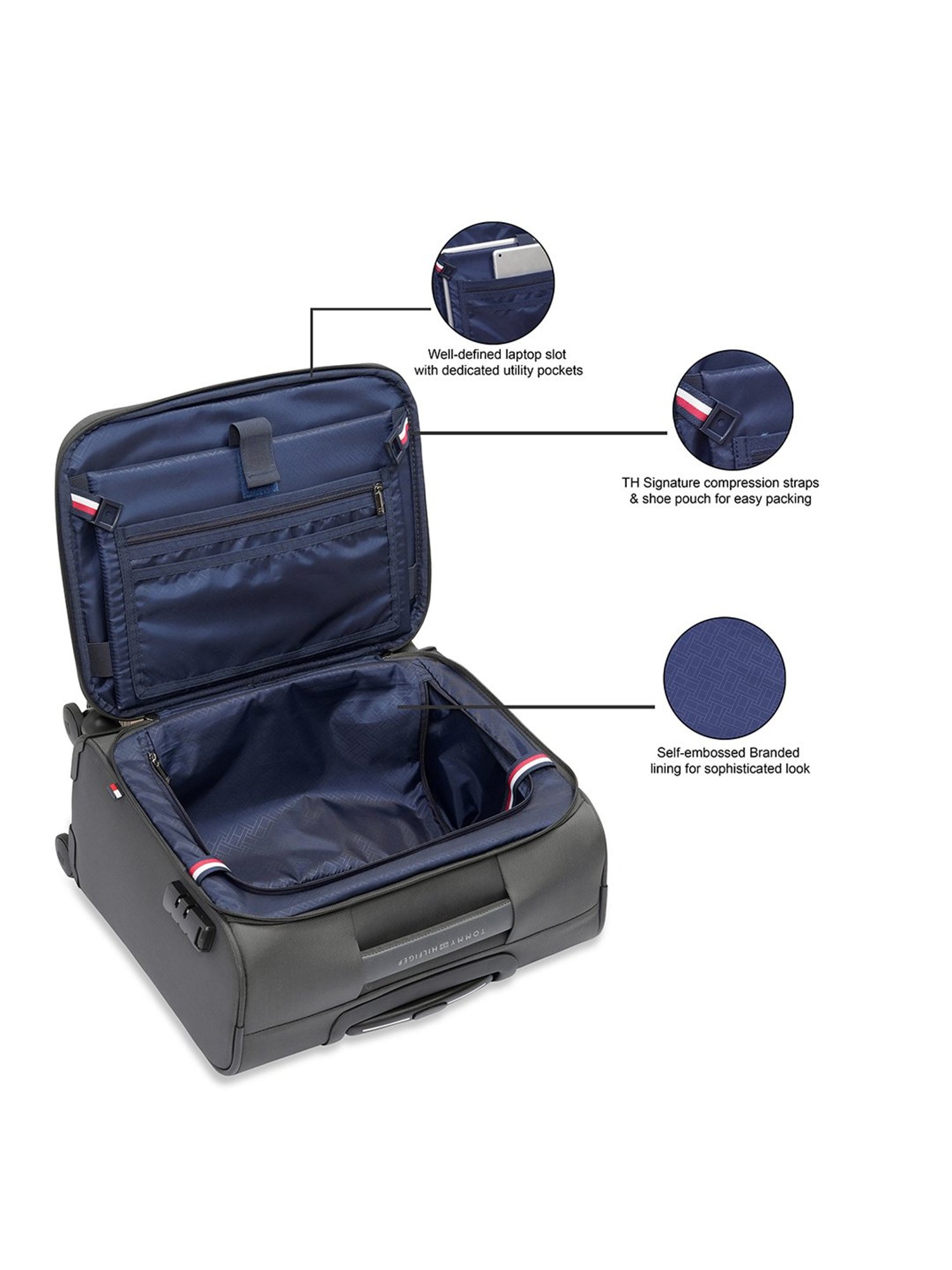 TOMMY HILFIGER Illinois Grey 8 Wheels Small Soft Cabin Trolley Bag 44 cm