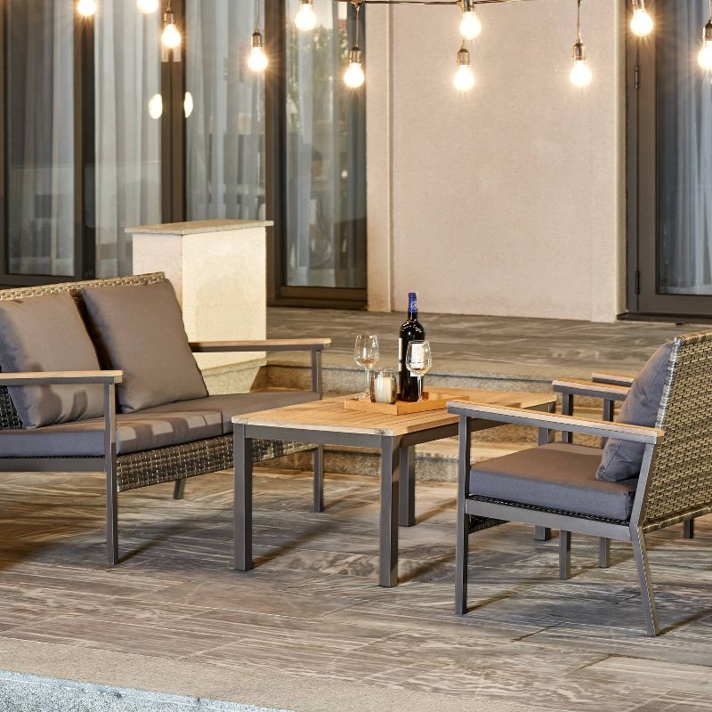 Evelyn 4pc Outdoor Resin Wicker Mixed Acacia Wood Lounge Sofa Set with Cushion - Gray - Vifah