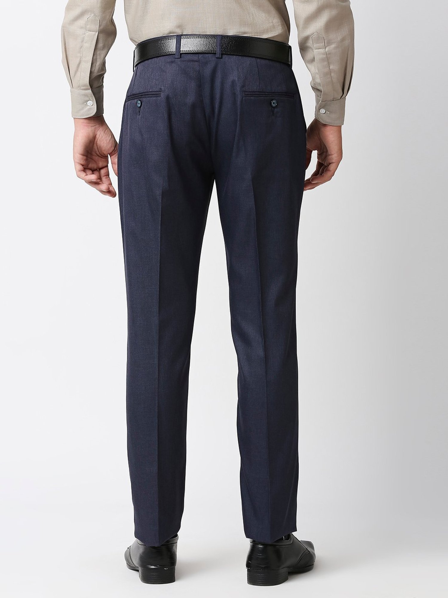SOLEMIO Navy Regular Fit Flat Front Trousers