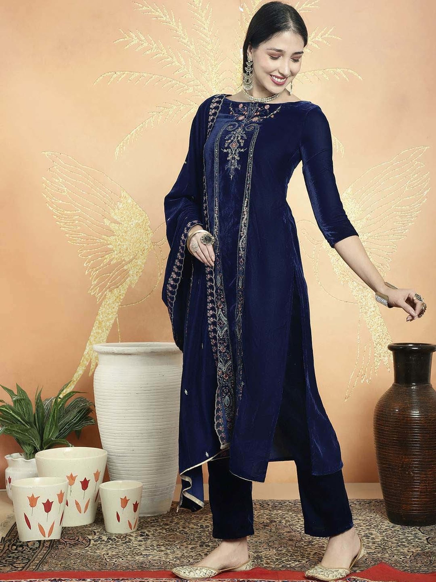 Stylee LIFESTYLE Navy Embroidered Unstitched Dress Material