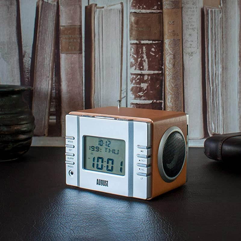 MB300 Mini Wooden MP3 Stereo System and FM Clock Radio with Card Reader USB Port AUX Jack 35mm Audio In 2 x 3W Powerful HiFi Speakers and Builtin Rechargeable Battery
