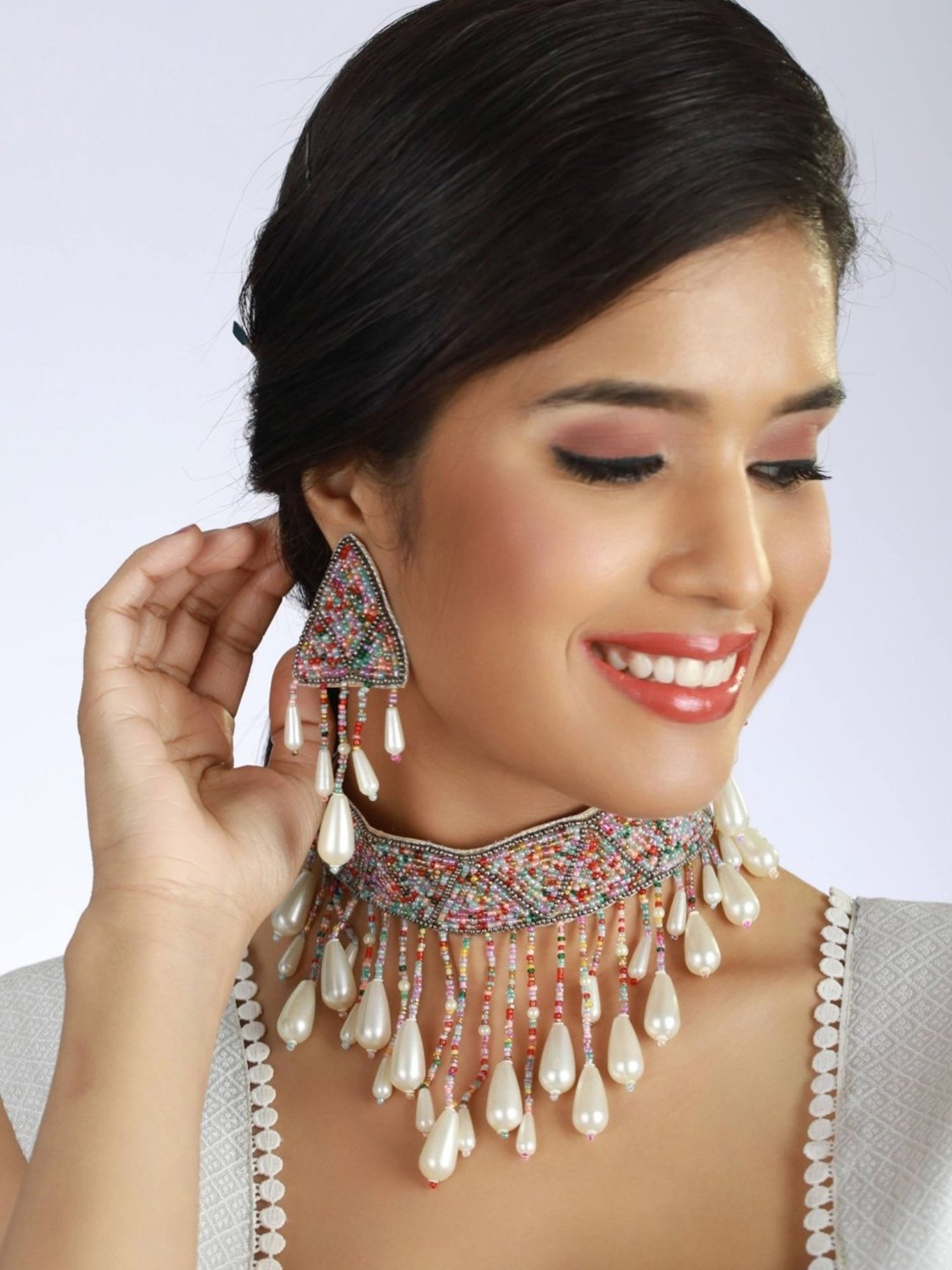 Aatmana Multi Pearl-Studded & Beaded Tasselled Choker Necklace & Earring Set