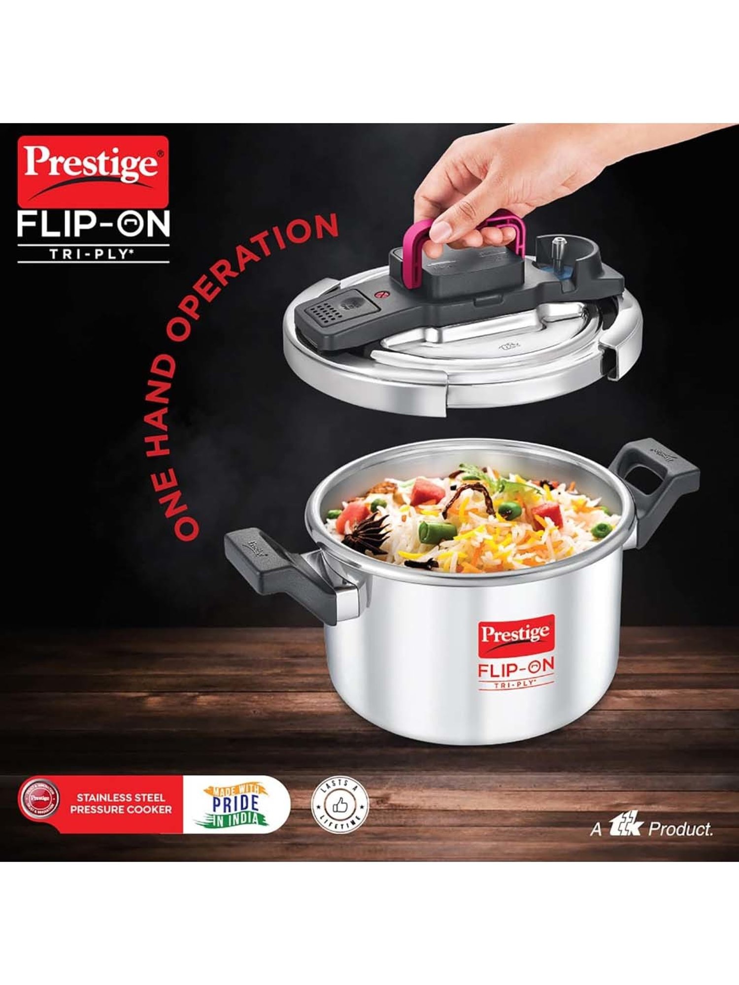 Prestige Silver And Black Stainless Steel 18 cm Flip-On Pressure Cooker With Glass Lid (3 L)