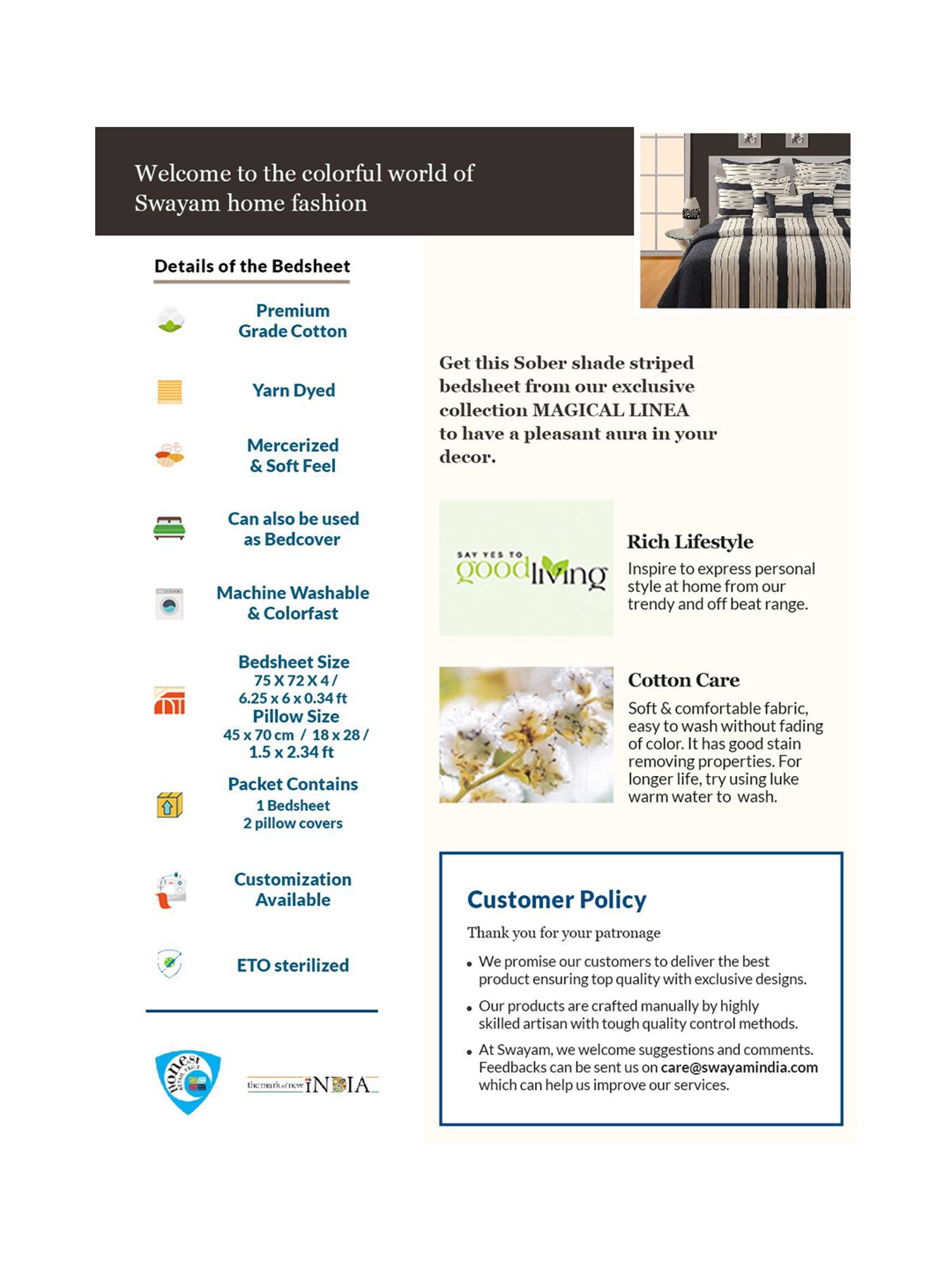 Swayam Magical Linea Stripes Black & White 180 TC Cotton King Bedsheet with 2 Pillow Covers