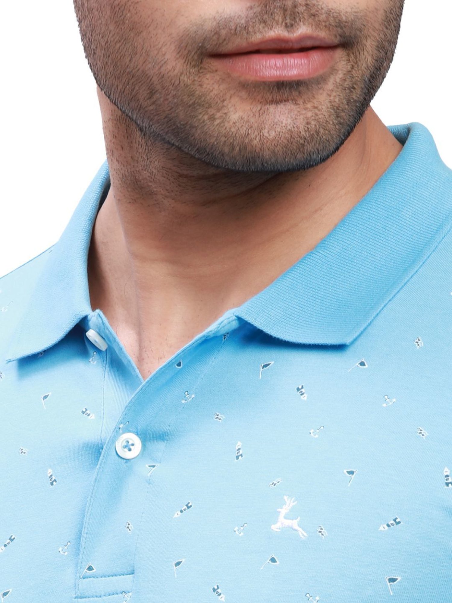 Parx Light Blue Cotton Regular Fit Printed Polo T-Shirt