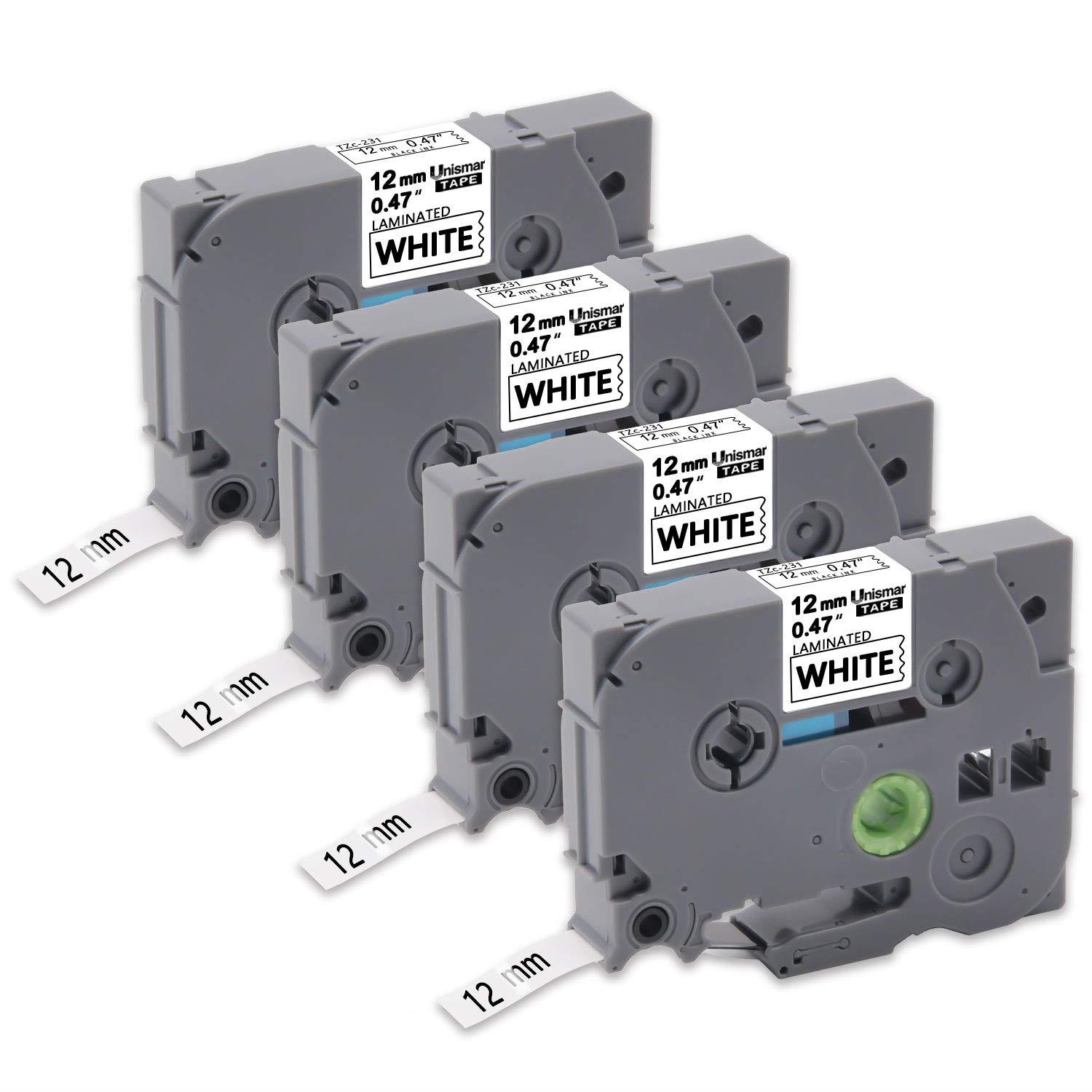 P-Touch Label Tape 12mm 0.47'' White, Unismar TZe-231 TZe 231 Laminated Tz Label Cassette Compatible for Brother P Touch Cube PT-D210 PTH110 PT-D200 PT-D600 PT-D400, 0.47in x 26.2ft (12mmx8m) 4-Pack