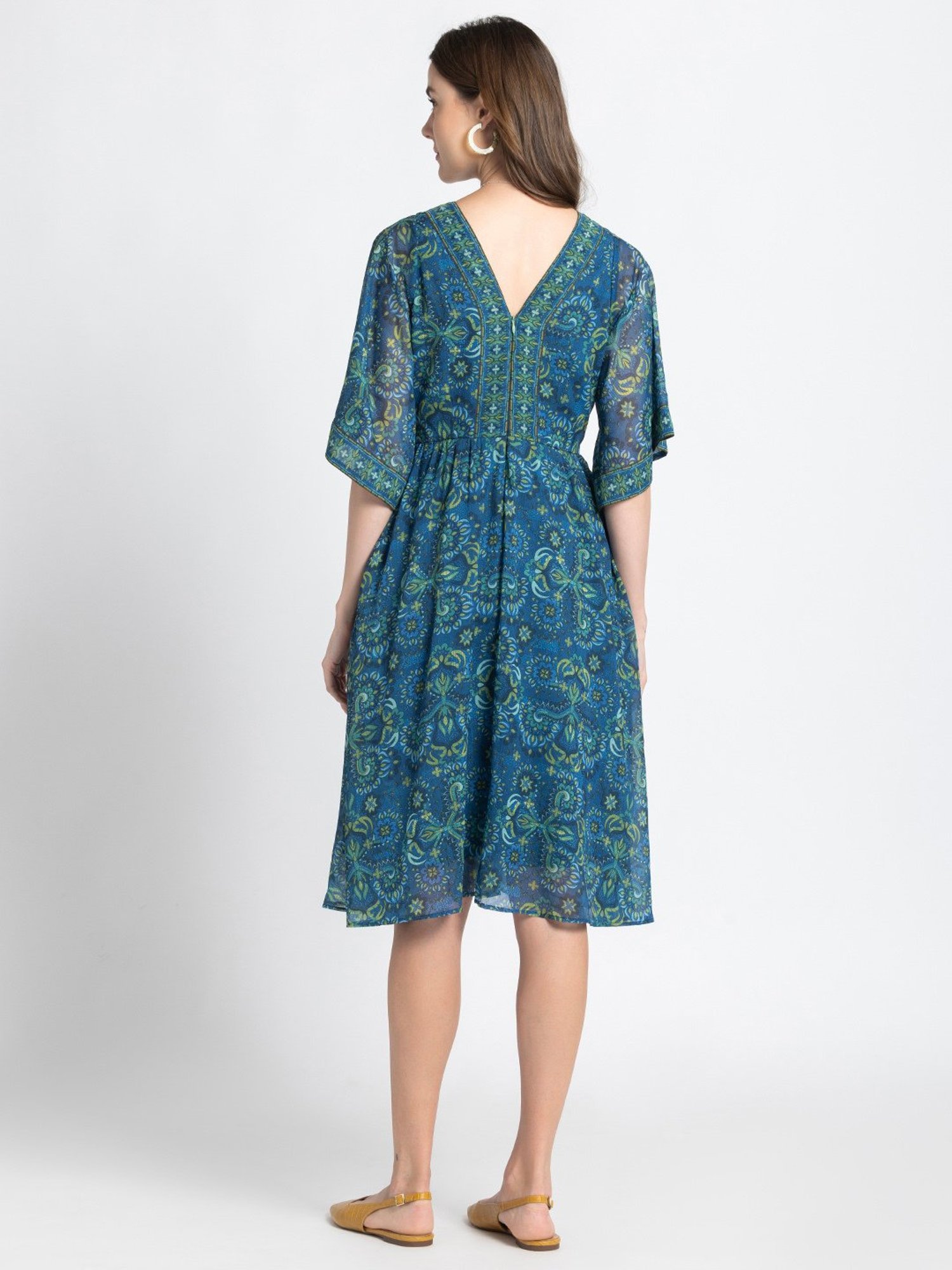 SHAYE Teal & Green Printed A Line Dress