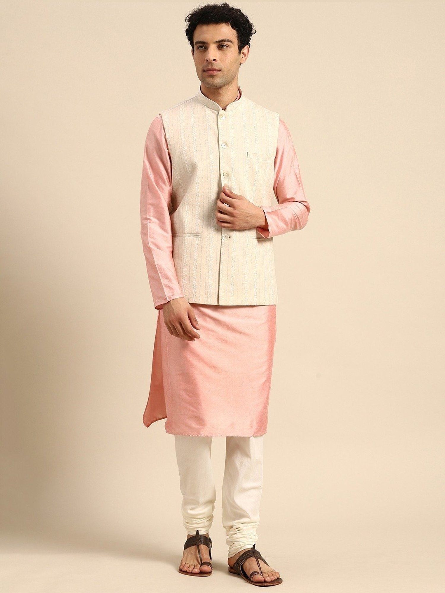 KISAH White & Pink Cotton Regular Fit Printed Kurta Set With Jacket