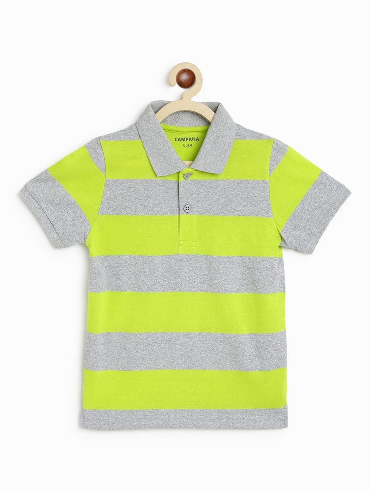 Campana Kids Lime Green & Grey Cotton Striped Polo T-Shirt