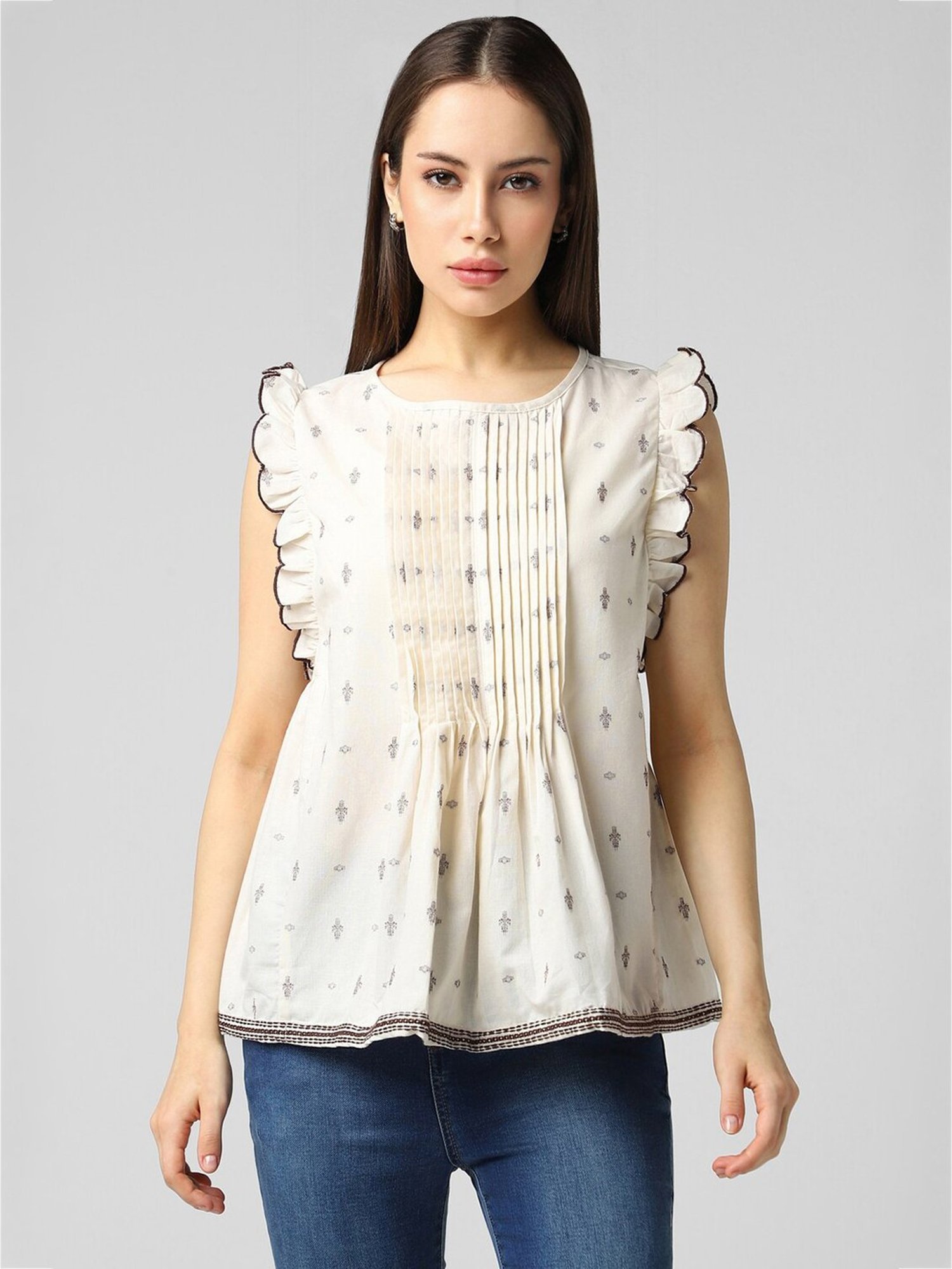 Van Heusen Beige Cotton Printed Top