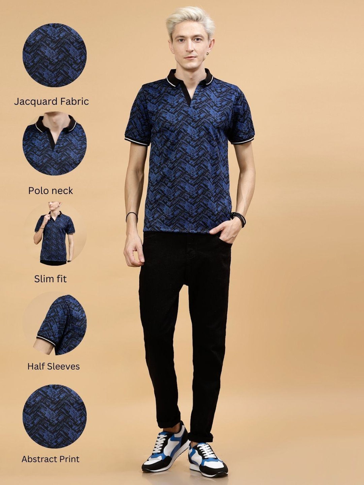 Rigo Blue Slim Fit Printed Polo T-Shirt