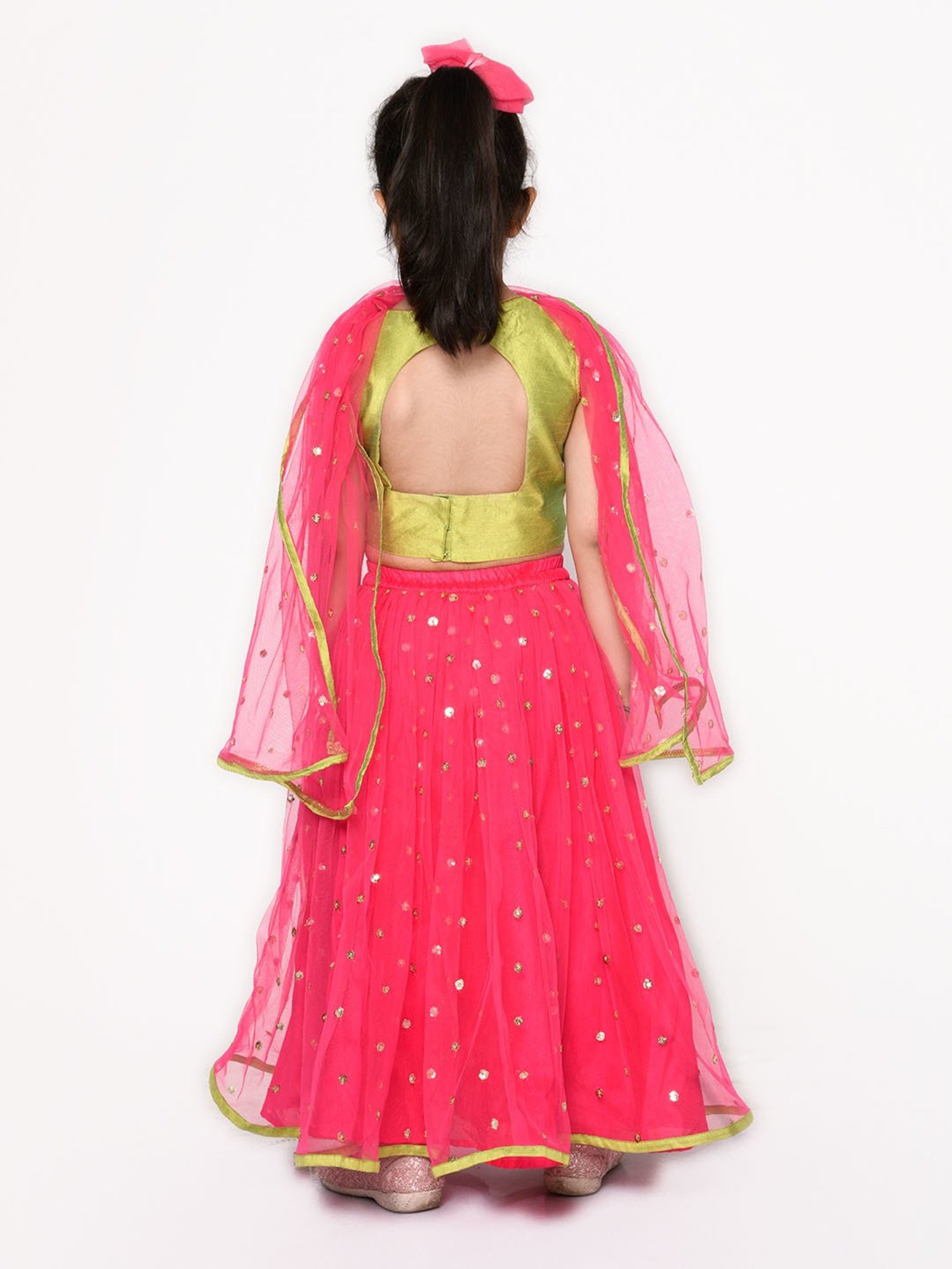 Saka Designs Kids Neon Green & Magenta Embellished Lehenga with Choli & Dupatta