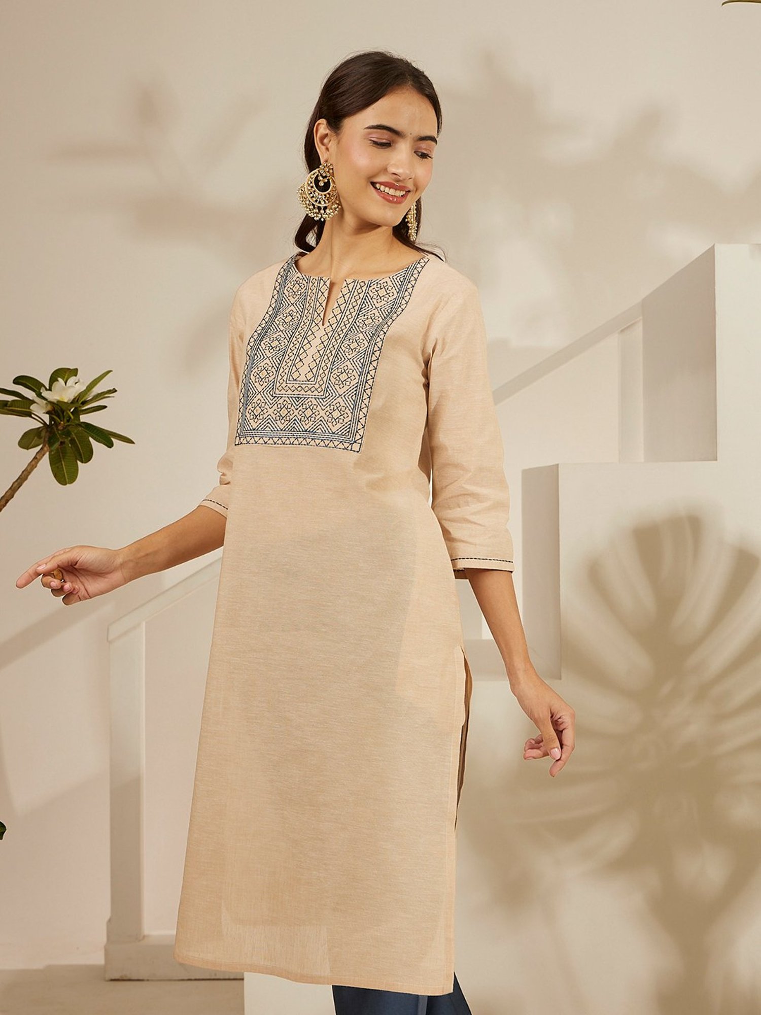 Daali Beige Mangalgiri Round Neck 3/4 Sleeves Smart Formals Kurta with Two Pockets