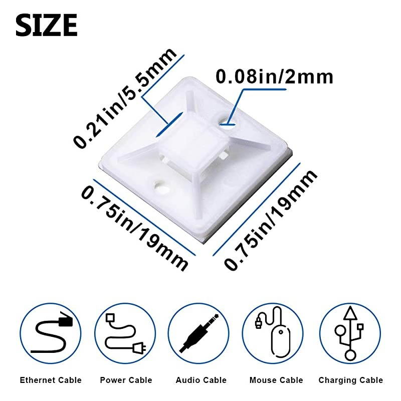 Tie Mount and Zip Tie Squares Adhesive Mountperfect for Wire Clips Management Zip Tie AnchorsDurability Prograde UV Wire Holder 100pcs 075n White