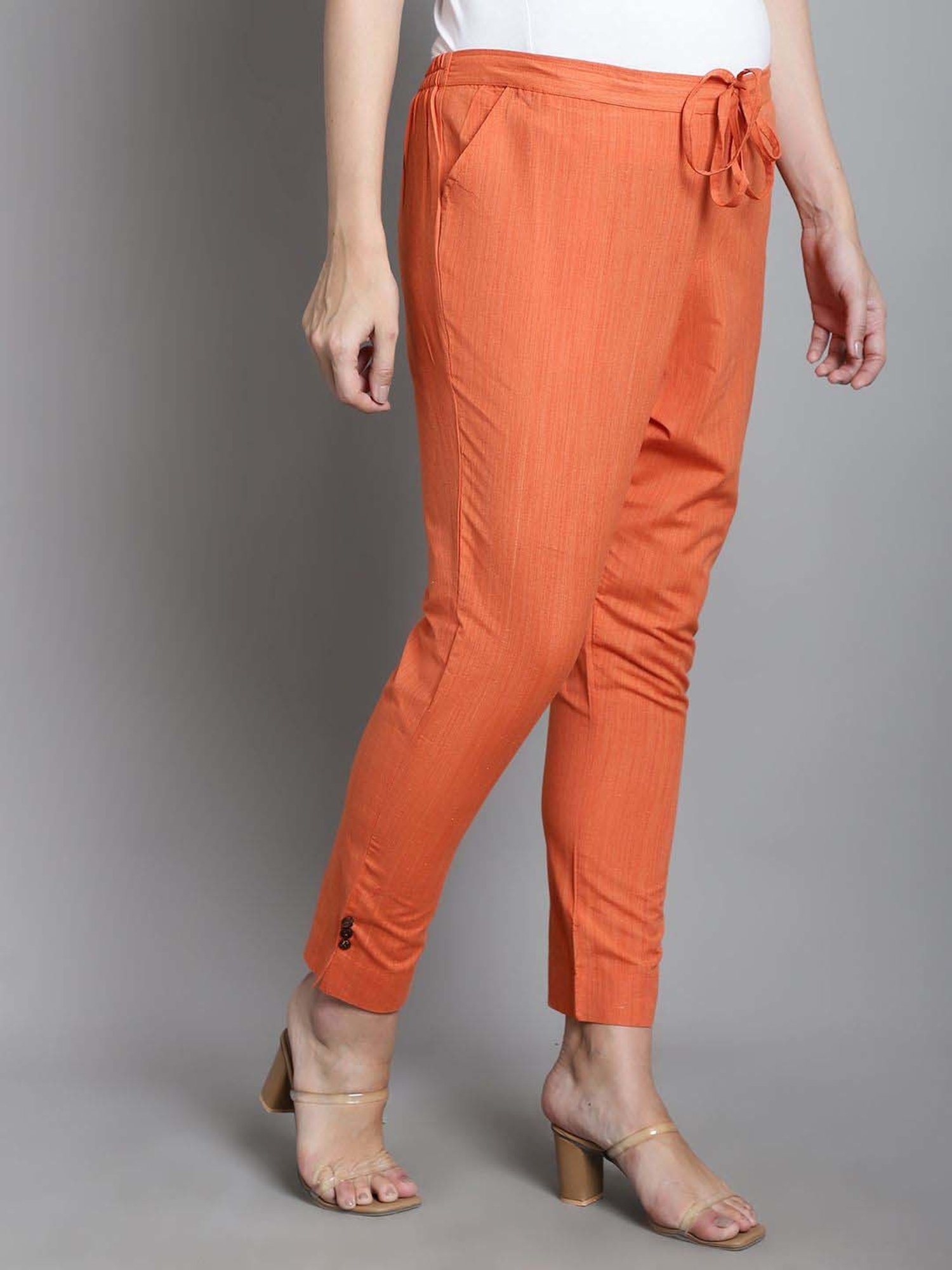 Moms Maternity Orange Cotton Mid Rise Maternity Trousers