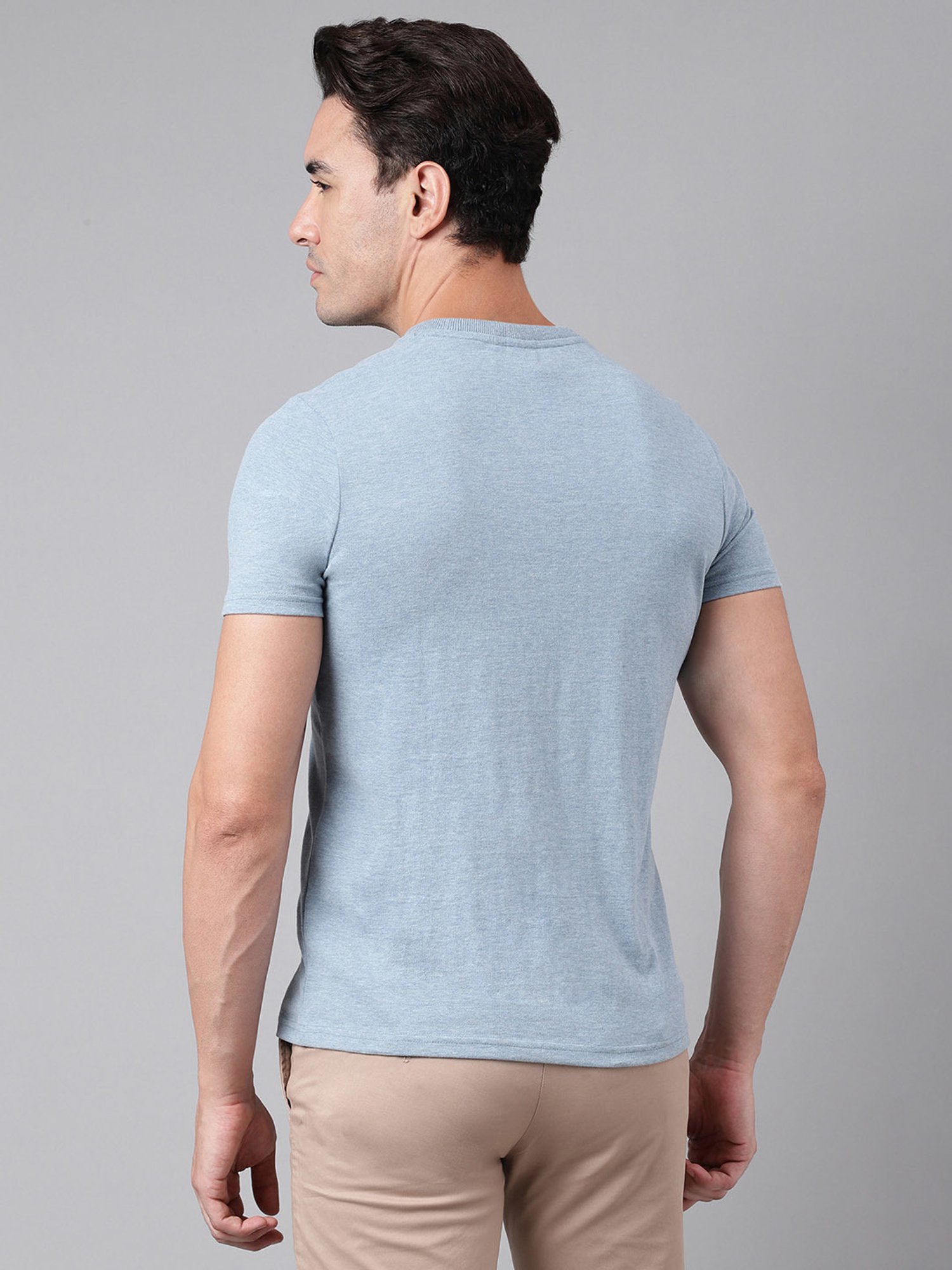 Woodland Blue Melange Regular Fit Printed Crew T-Shirt