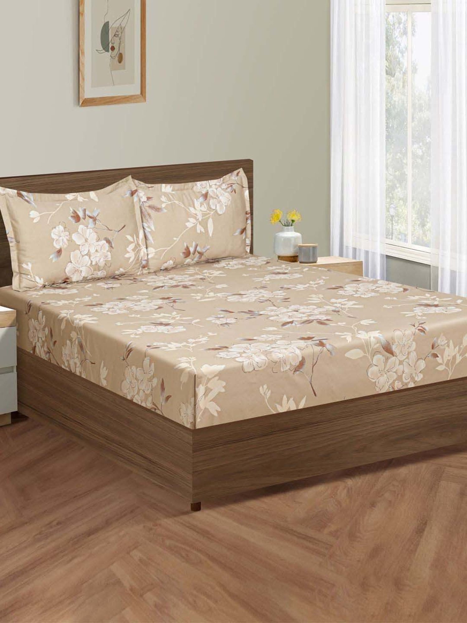 Swayam Brown Cotton 300 TC Double Size Bedsheet With Pillow Covers