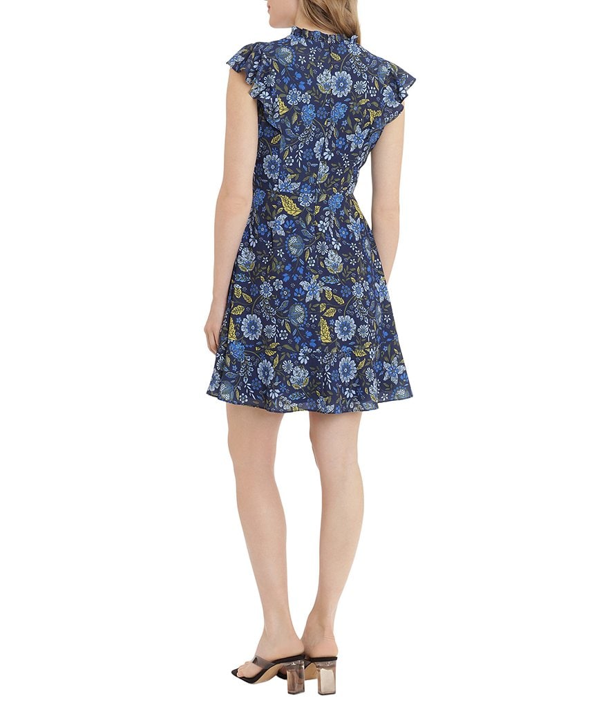 London Times Petite Size V-Neck Smocked Flounce Dress