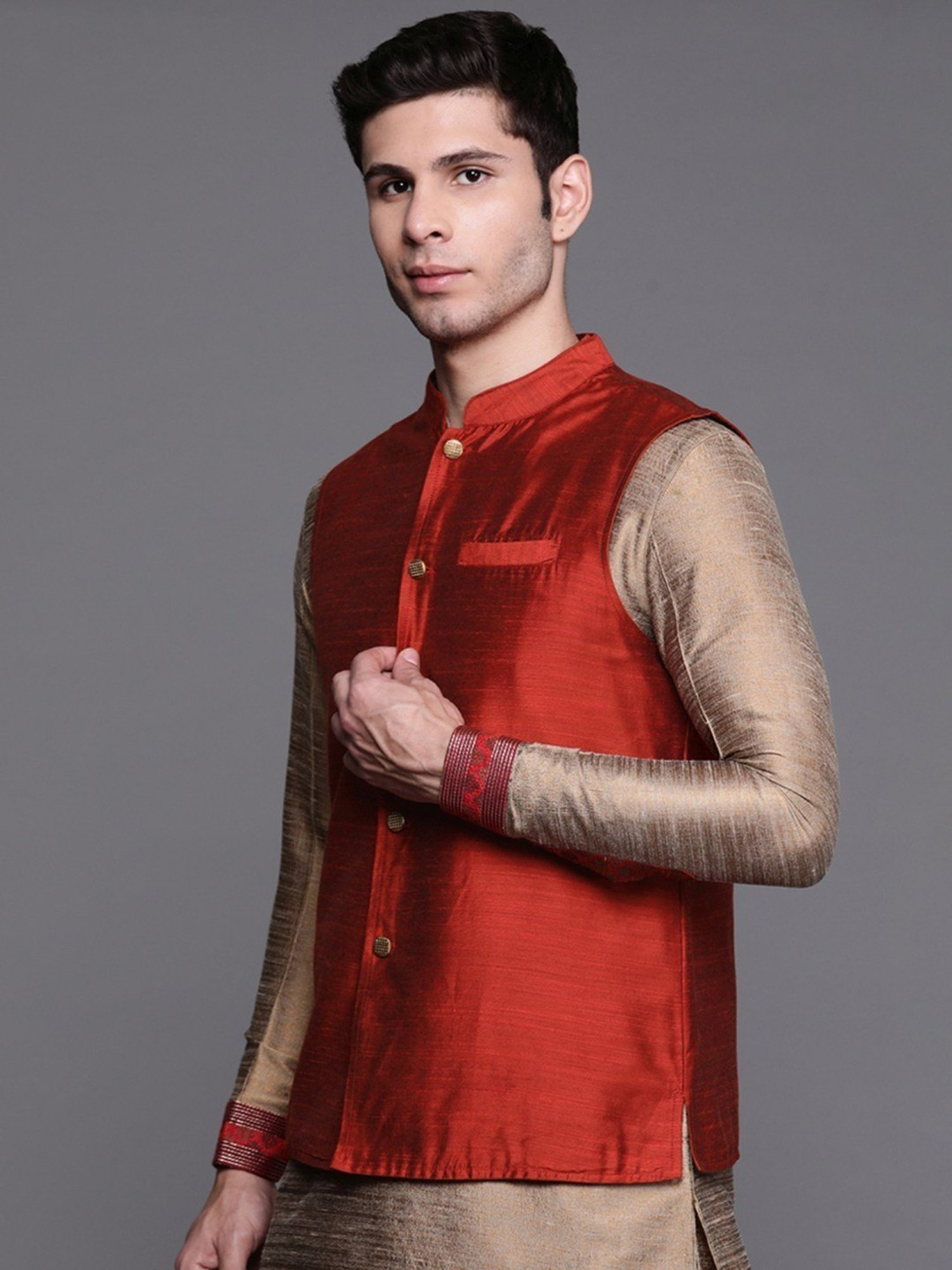 Indo Era Orange Cotton Regular Fit Nehru Jacket