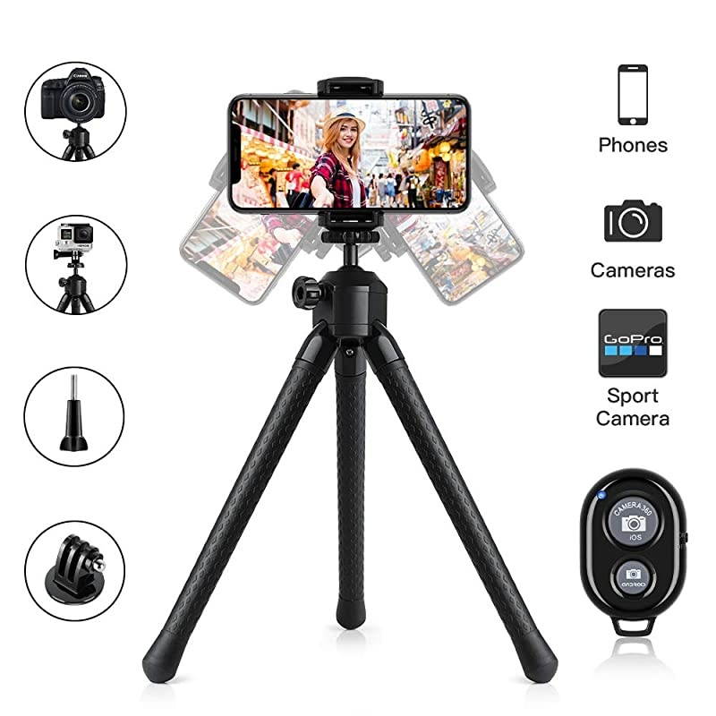 Phone Tripod Stand,  Flexible Cell Phone Selfie Stick Tripod with Wireless Remote Control Camera Tripod Stand Holder Mount and Phone Clip for iPhone, Android Phone, DSLR Sports Camera