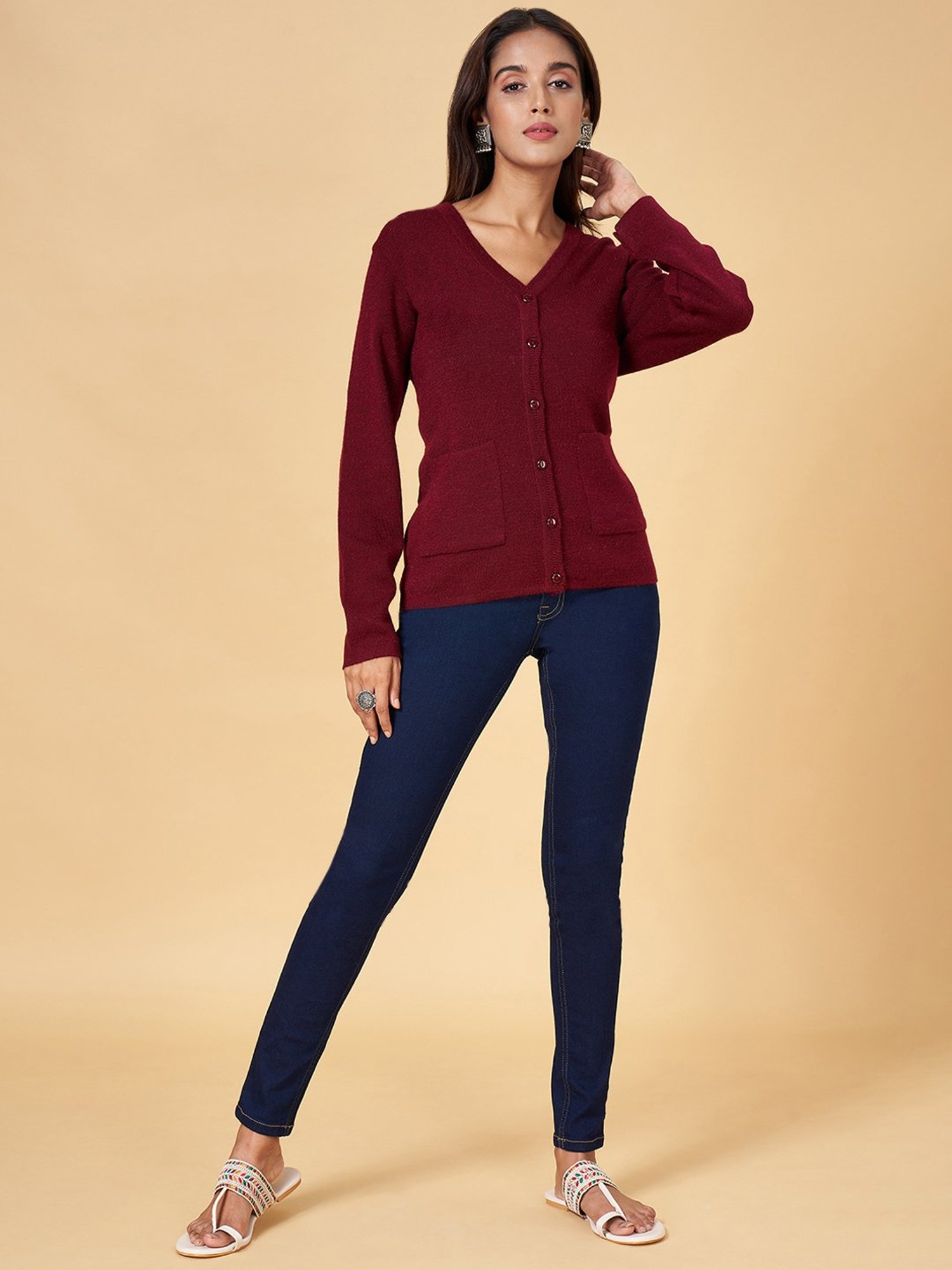 Rangmanch by Pantaloons Maroon Plain Cardigan