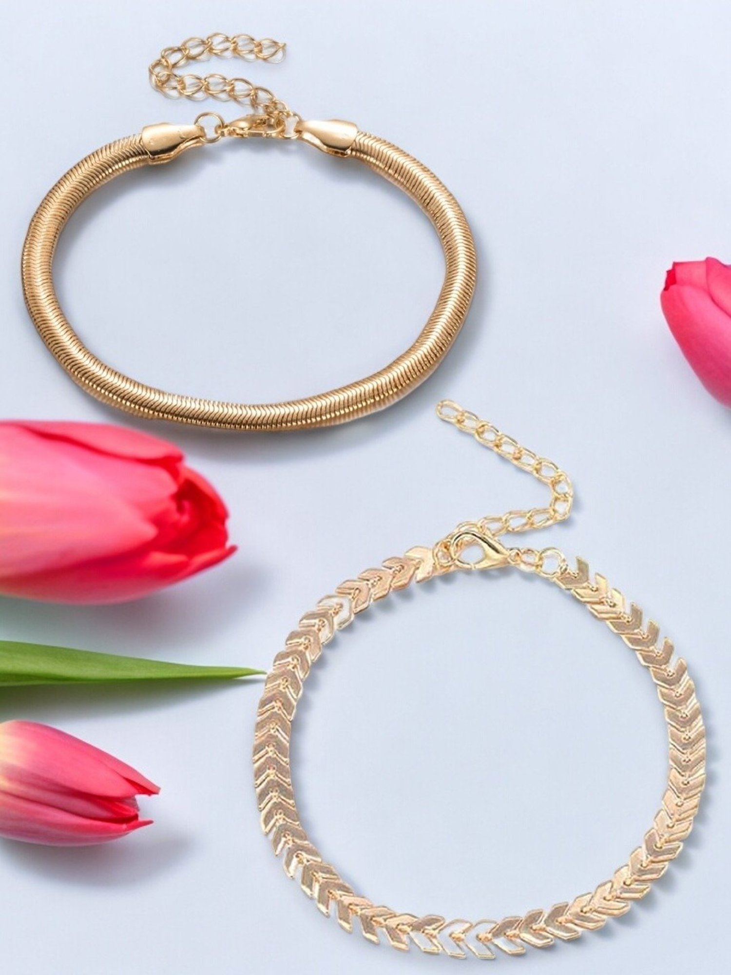 OOMPH Gold Tone Snake Chain Fashion Anklet Pack of 2