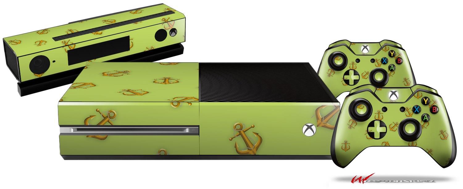 Anchors Away Sage Green - Holiday Bundle Decal Style Skin Set fits XBOX One Console, Kinect and 2 Controllers (XBOX SYSTEM SOLD SEPARATELY)