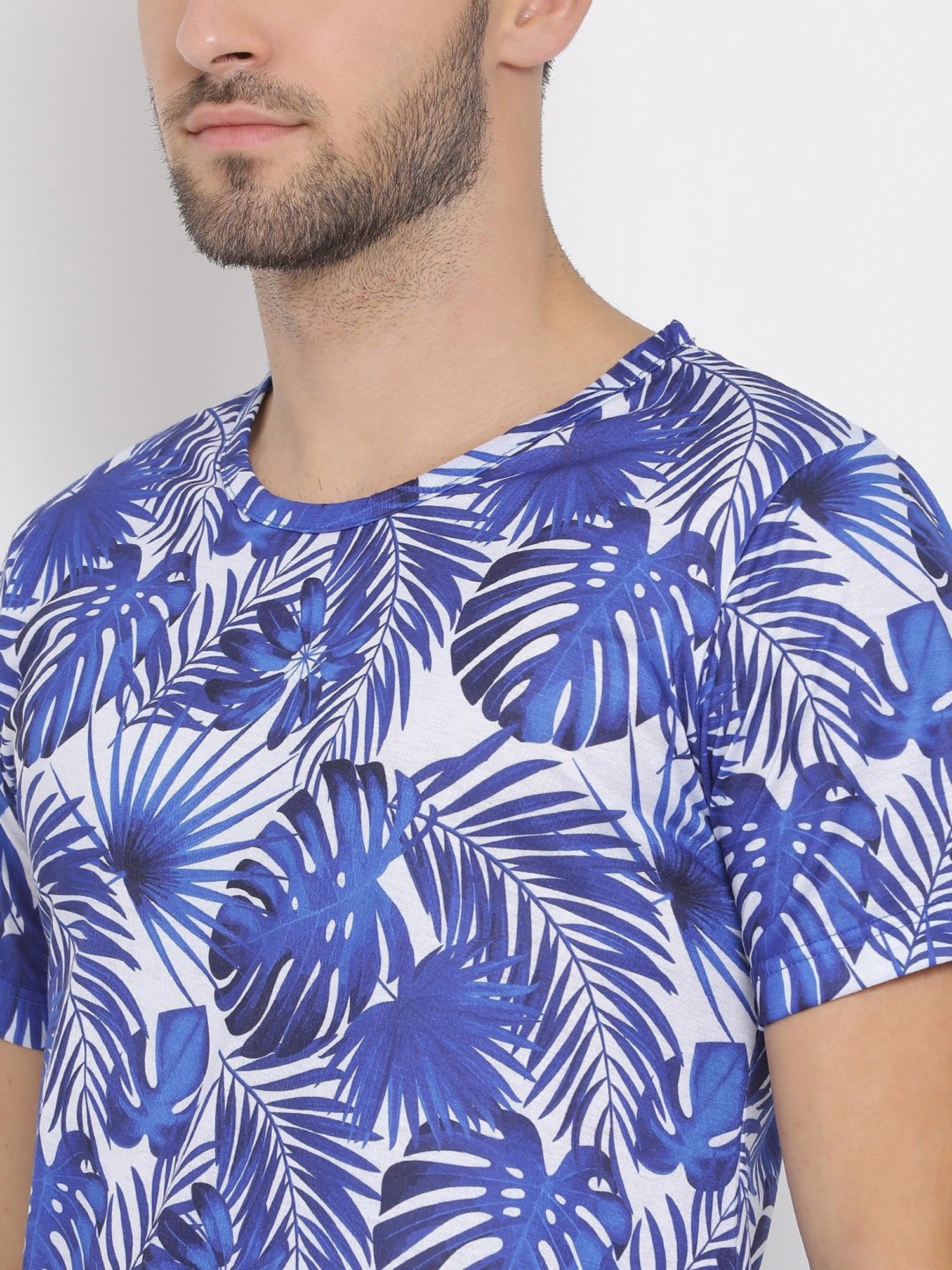 Hangup Plus White & Blue Regular Fit Printed Crew T-Shirt