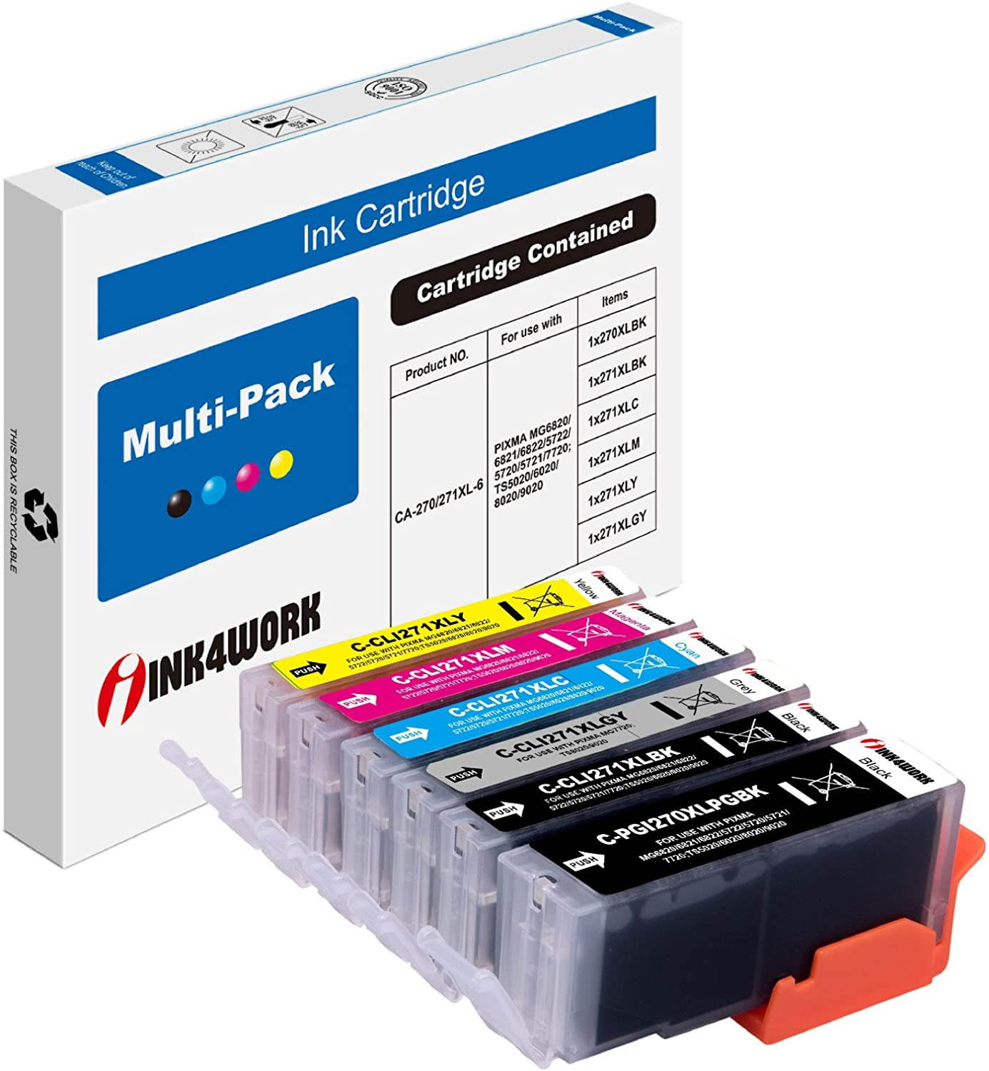 INK4WORK 6 Pack Compatible Ink Cartridge Replacement (with Gray) for Canon PGI-270XL CLI-271XL PGI270 XL CLI271 XL for Canon PIXMA PIXMA TS8020 TS9020 MG7720