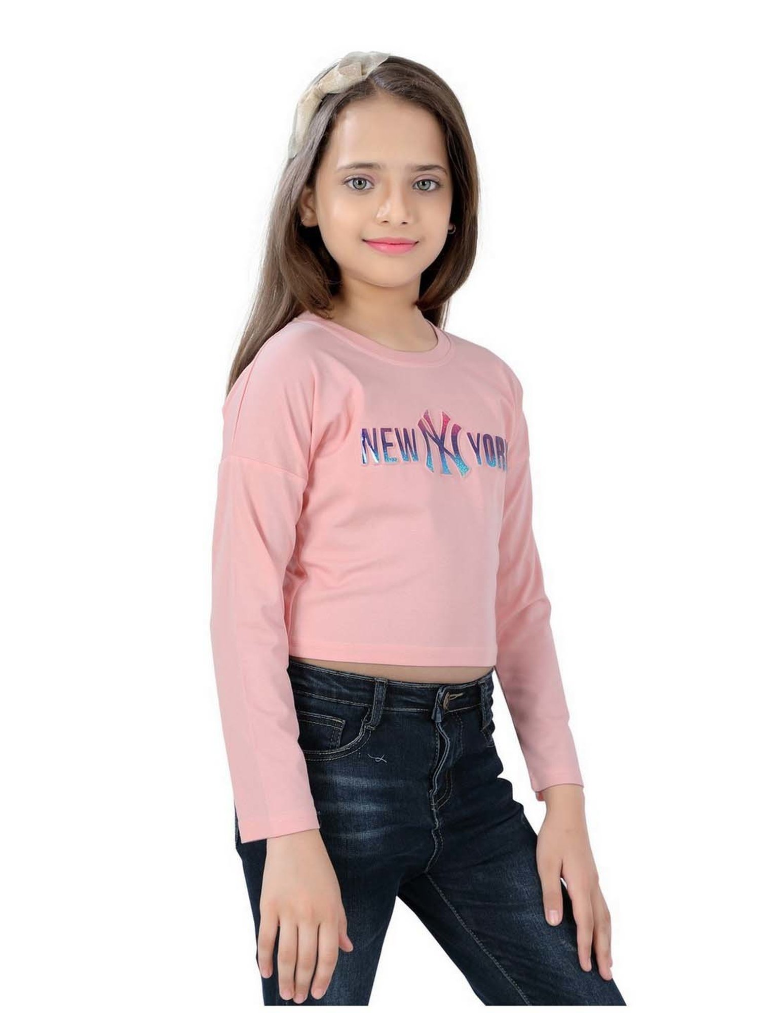 poplins Kids Peach Cotton Printed Full Sleeves Top