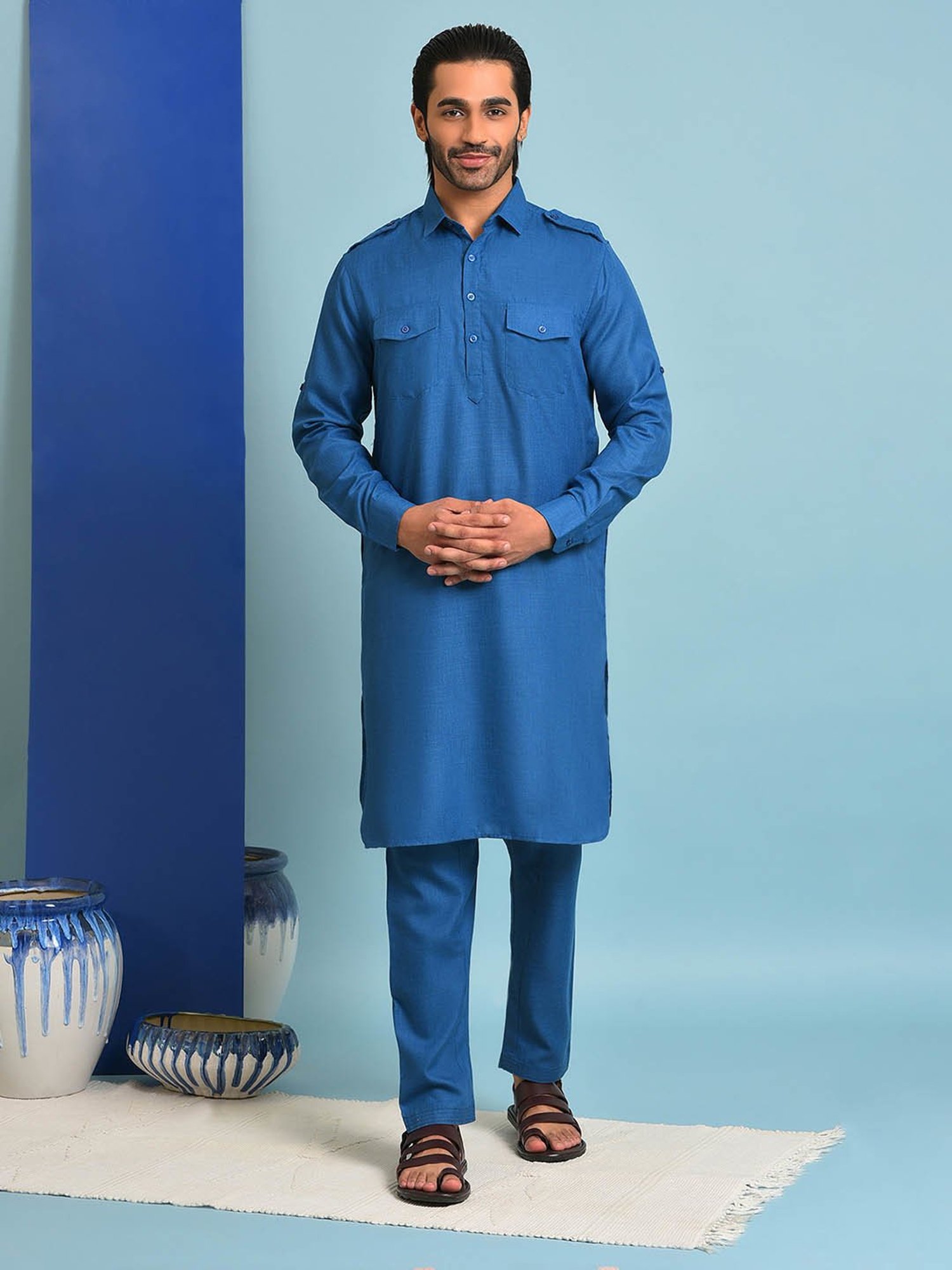 Hangup Dark Slate Blue Regular Fit Pathani Kurta & Pyjamas Set