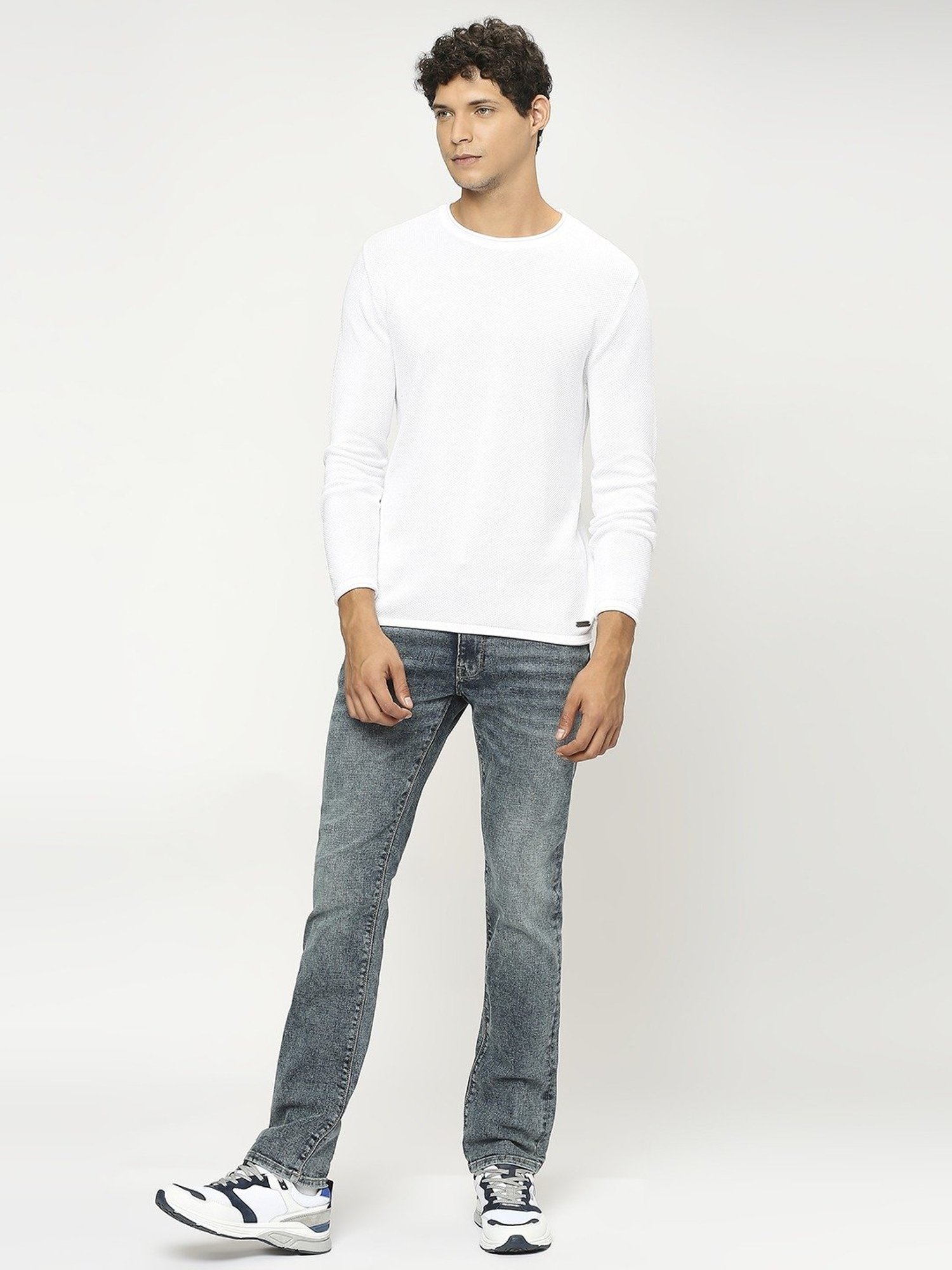 Pepe Jeans White Cotton Regular Fit Self Pattern Sweater