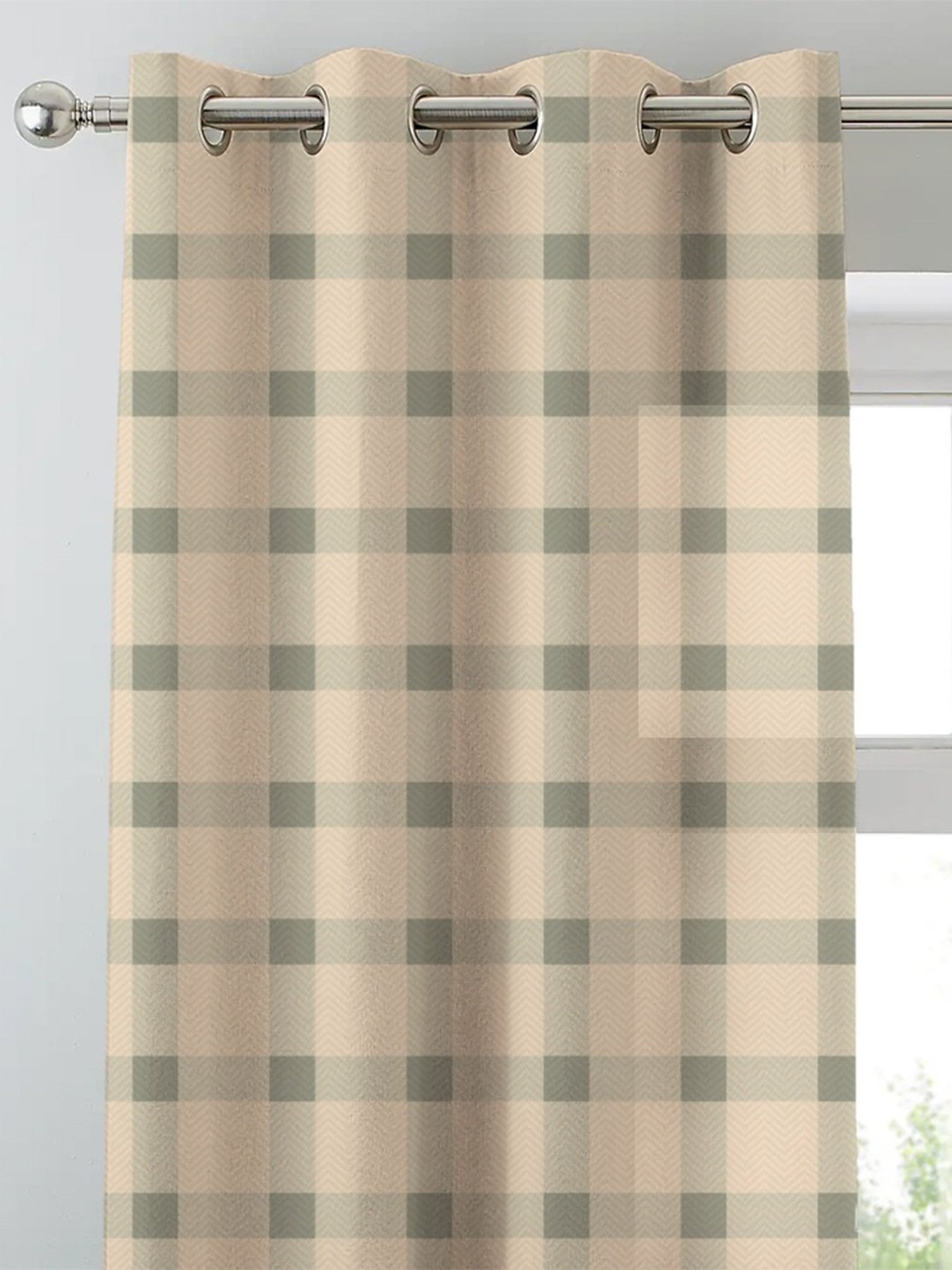 SPACES DRAPE STORY Boho Checks Beige Polyester 5 ft Window Curtains - Set of 2