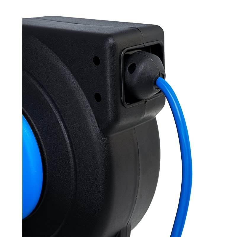 50 ft Retractable Extension Cord Reel Ceiling or Wall Mount 14 Gauge Blue and Black