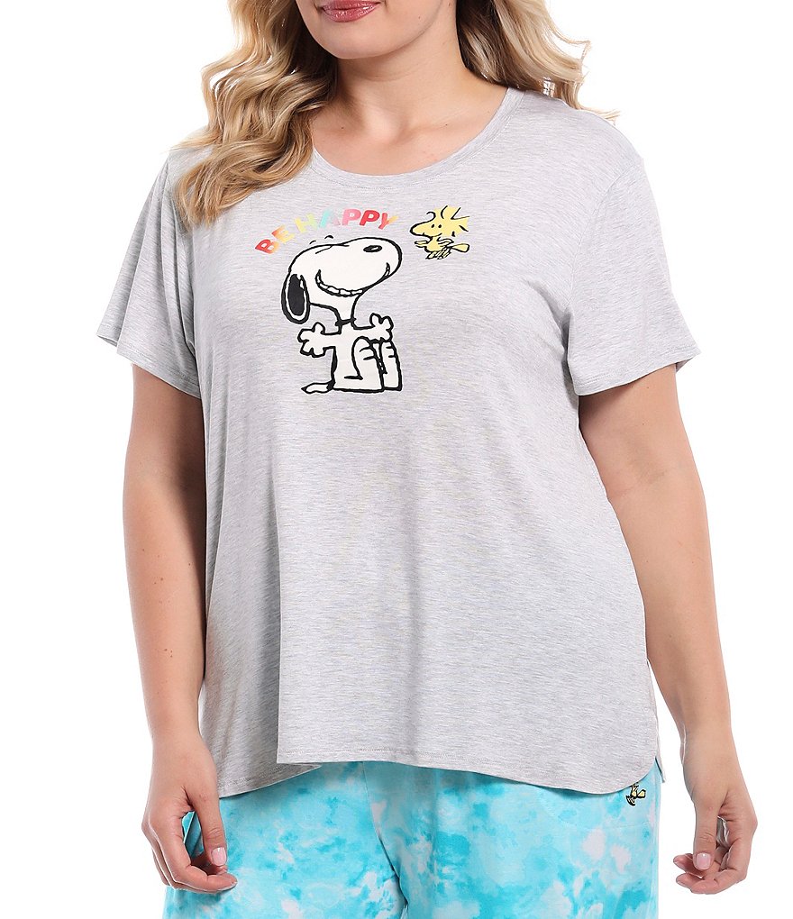 Peanuts Plus Size Snoopy & Woodstock #double;Be Happy#double; Screen Print Jersey Knit Sleep Tee