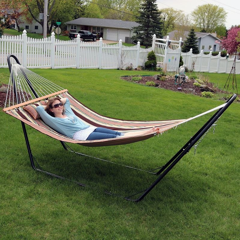Sunnydaze 2-Person Heavy-Duty Double Quilted Hammock with Multi-Use Universal Steel Stand - 450 lb Weight Capacity - Sandy Beach