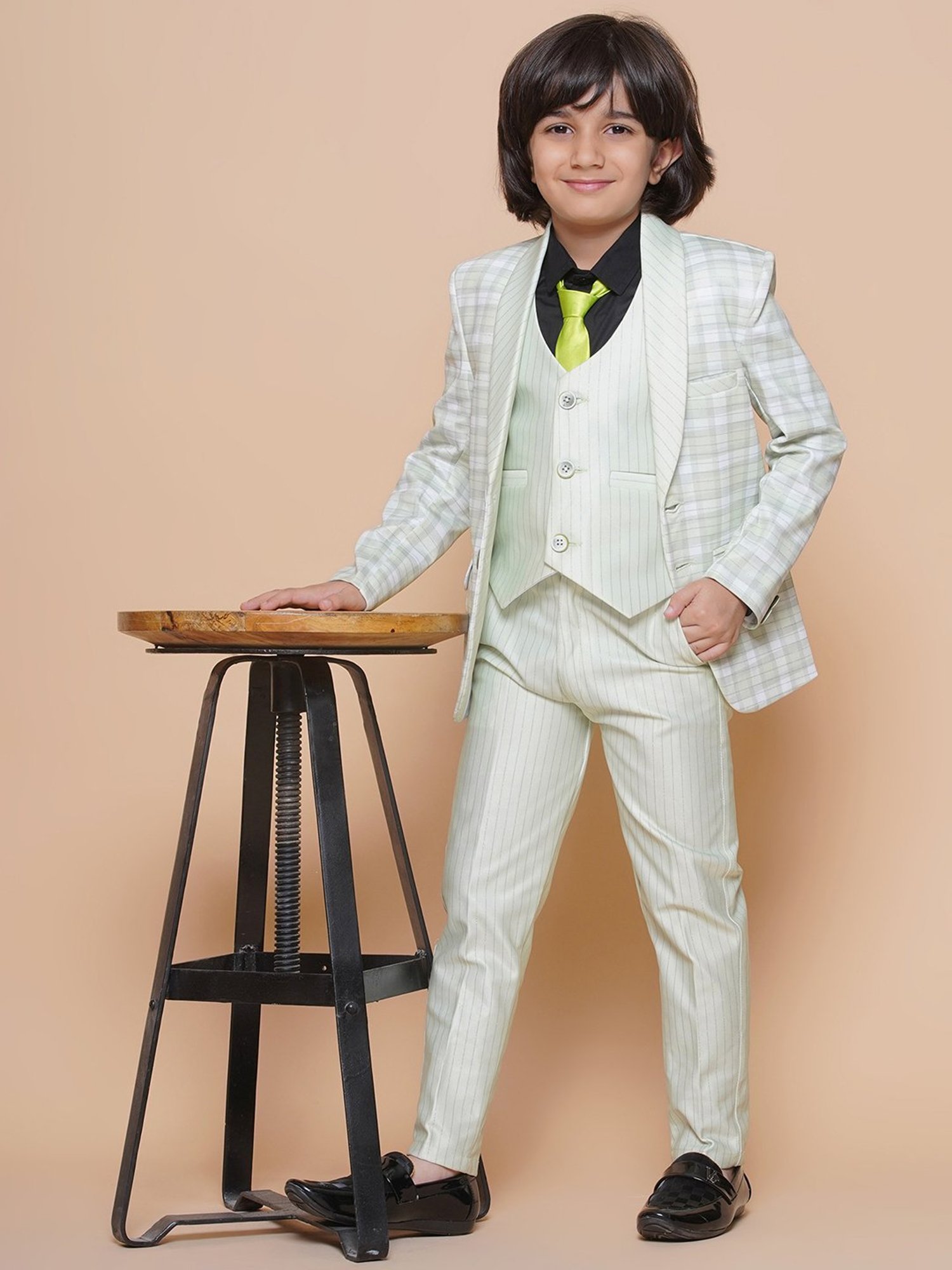 AJ Dezines Kids Sky Blue & Black Solid Full Sleeves Shirt, Pants, Coat, Waistcoat with Tie