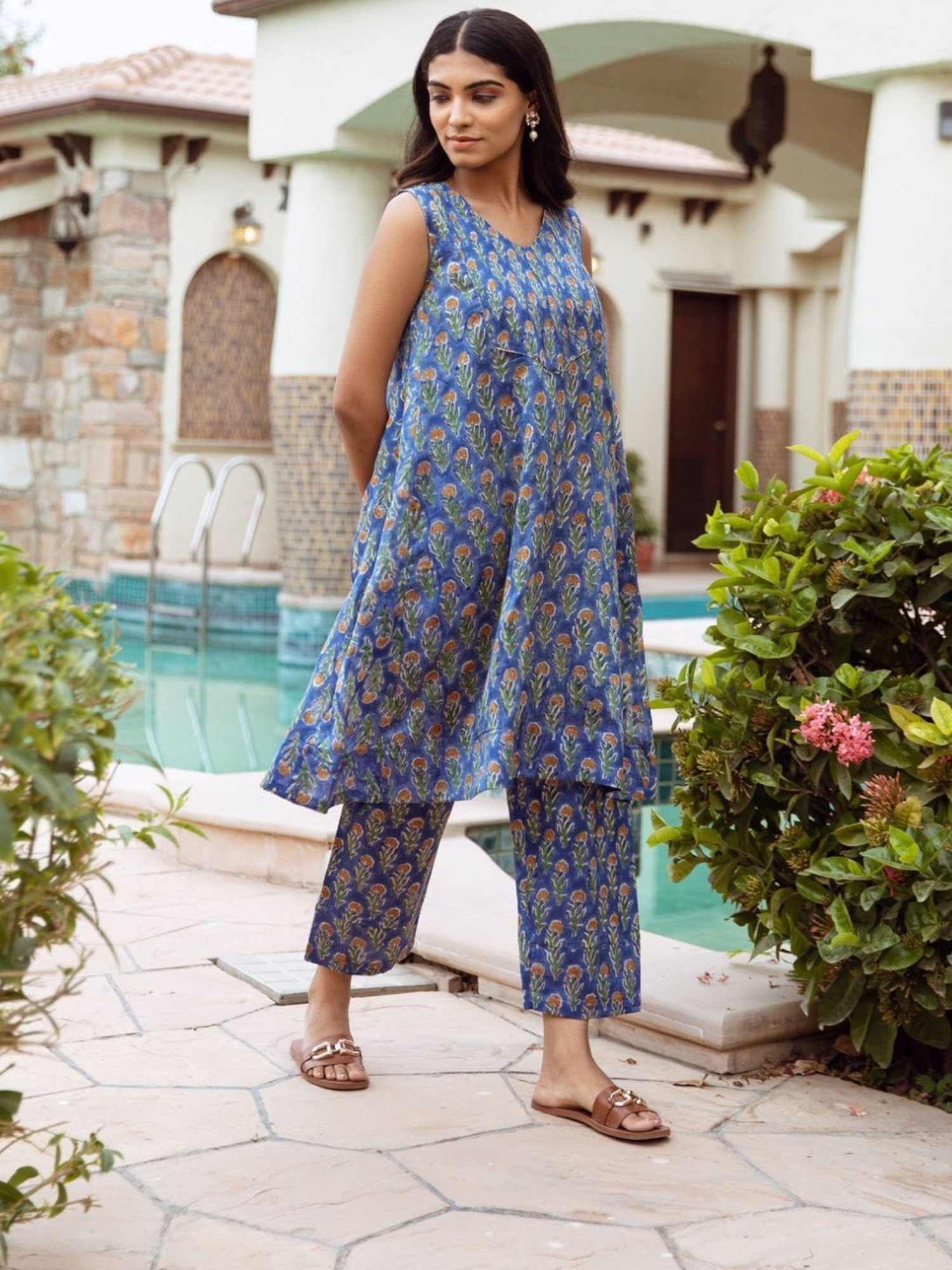 Asrumo Blue Handblock Chanderi A-Line Kurta Style Coord Set
