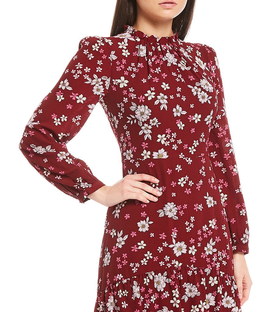 Maggy London Ruffle Neck Long Sleeve Floral Print Midi Dress