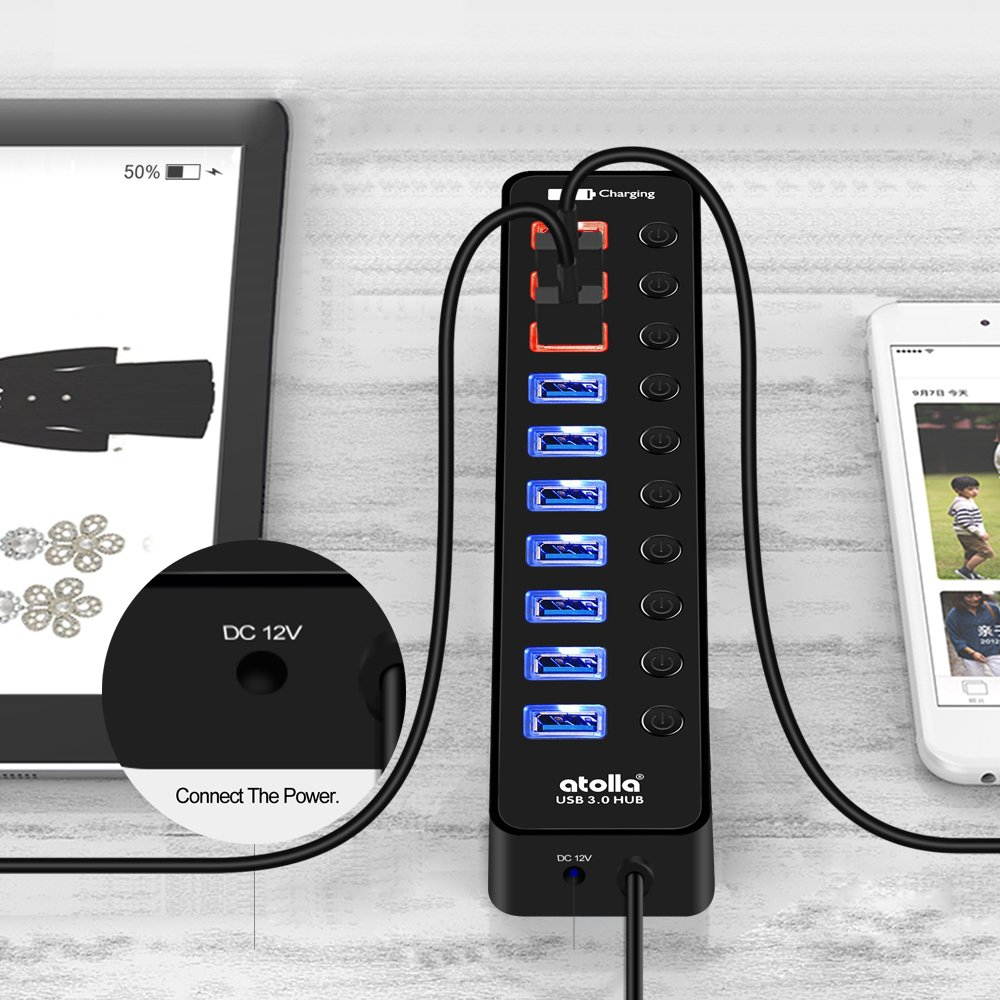 USB 3.0 Hub, atolla 4 Ports Super Speed USB 3 Hub Splitter with On Off Switch with 1 USB Charging Port (Cable Length 2 Feet, No AC Adapter) (4-Port hub)