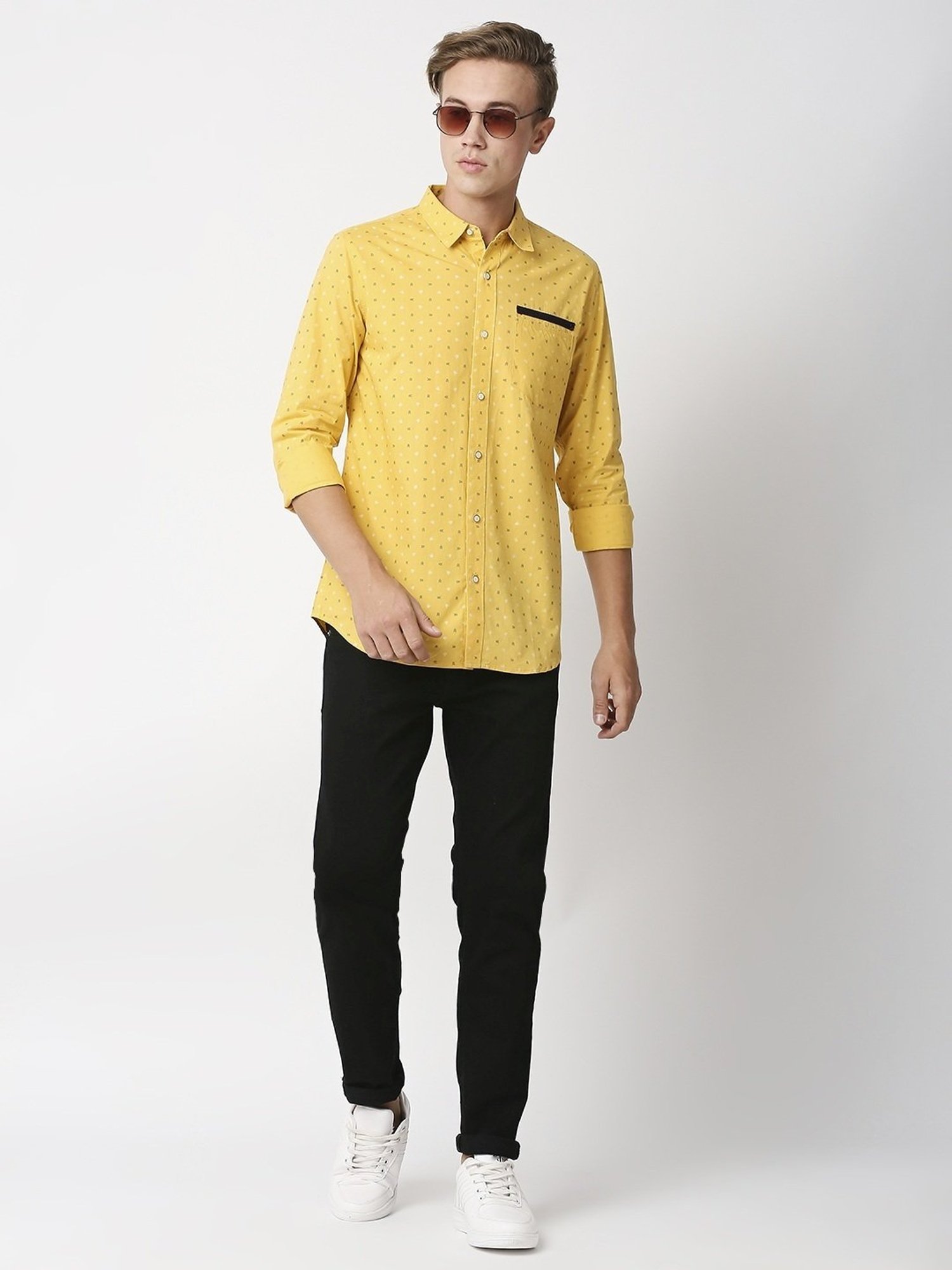 Solemio Yellow Slim Fit Printed Shirt