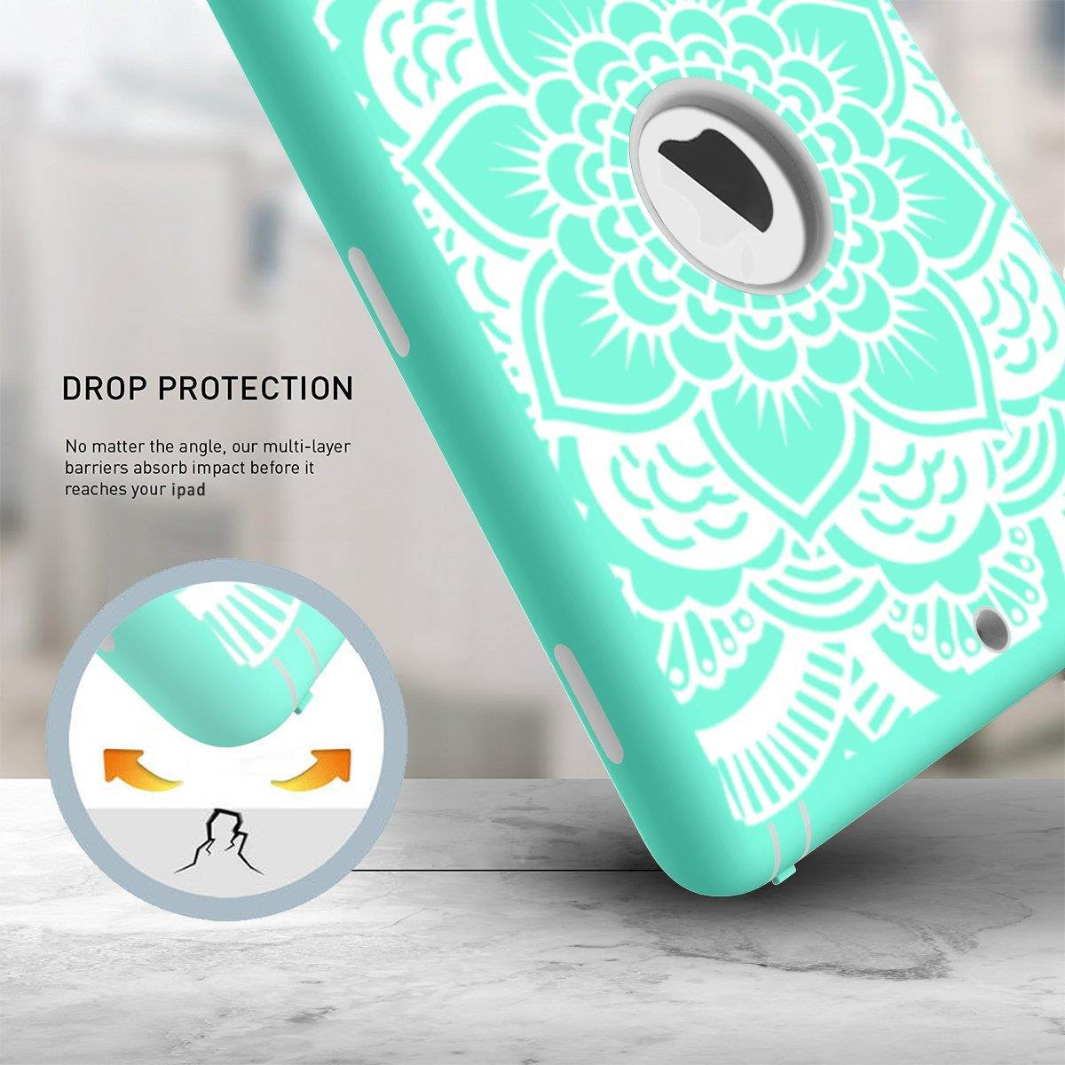 iPad 5th/6th Generation Case, Hocase Heavy Duty Shock Absorbent Rubber+Hard Plastic Dual Layer Protective Case w/ Mandala Floral Print and Kickstand for iPad 9.7 2018/2017 - Mint Green / Gray