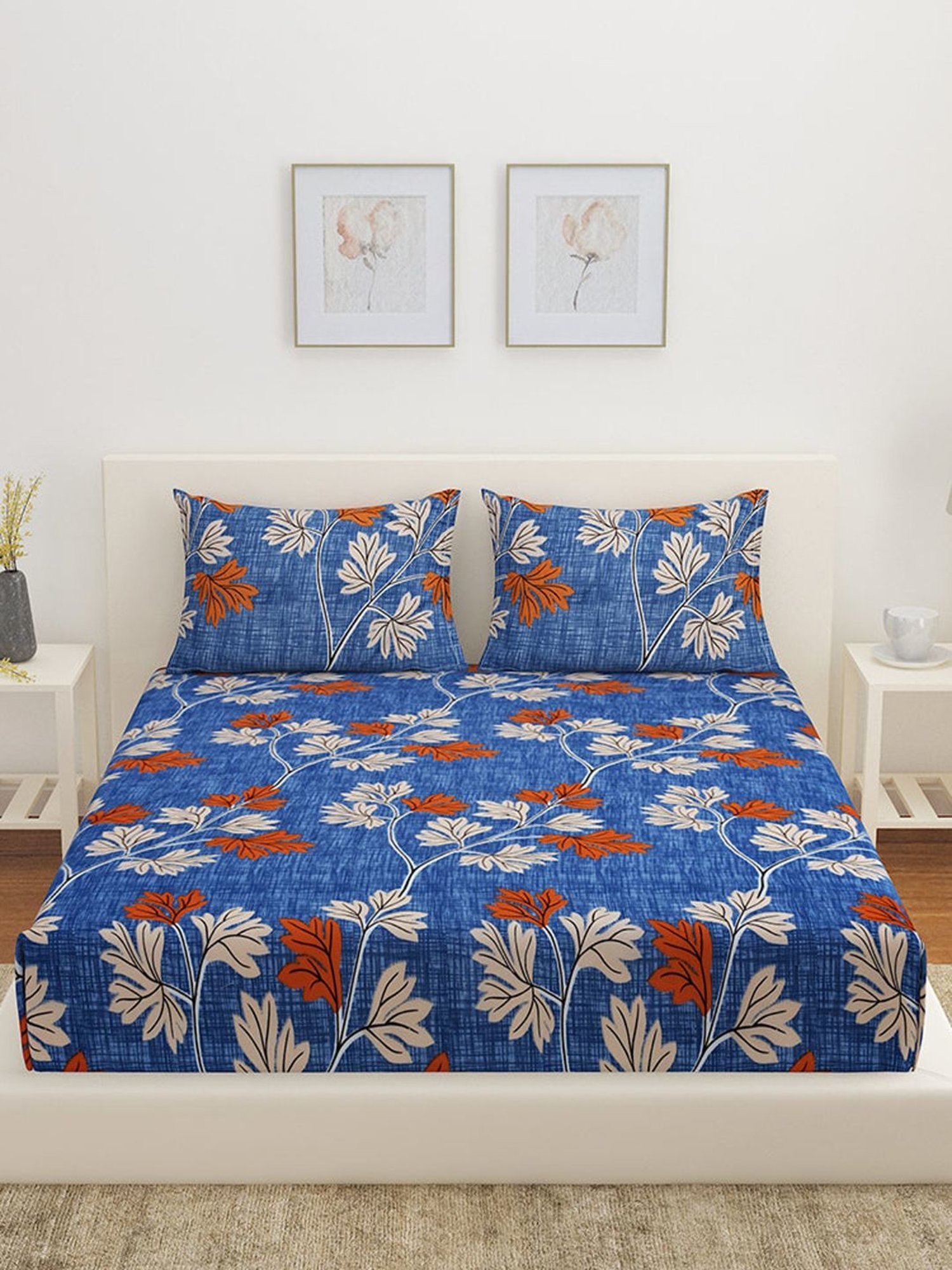 @home Utopia Cosmos Floral Blue 110 GSM Cotton Blend Double Bed Sheet with 2 Pillow Covers