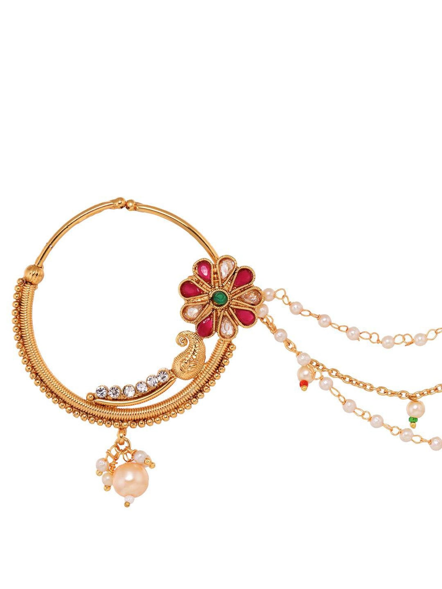 Saraf Rs Jewellery Gold Plated Red & White Pearl Beaded &Studded  Bridal  Nose Ring