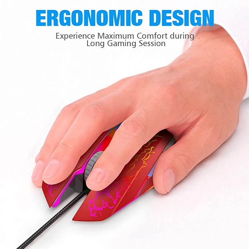 Wired Gaming Mouse, Ergonomic USB Optical Mouse Mice with Chroma RGB Backlit, 1200 to 3600 DPI for Laptop PC Computer Games & Work &ndash; Red