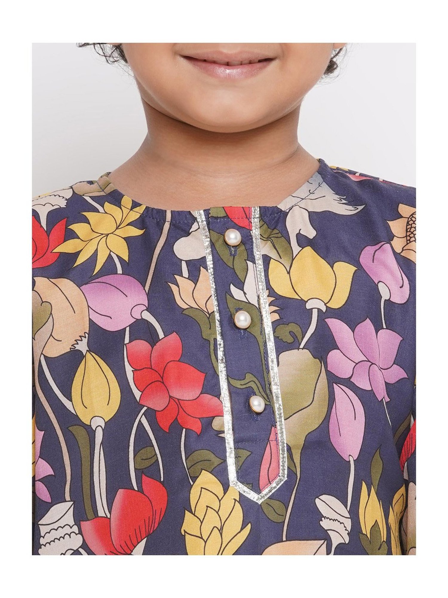 Little Bansi Kids Navy & White Floral Print Kurta with Dhoti