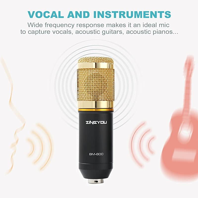 Condenser Microphone Bundle BM800 Mic Kit with Adjustable Mic Suspension Scissor Arm Metal Shock Mount and DoubleLayer Pop Filter for Studio Recording Broadcasting Gold