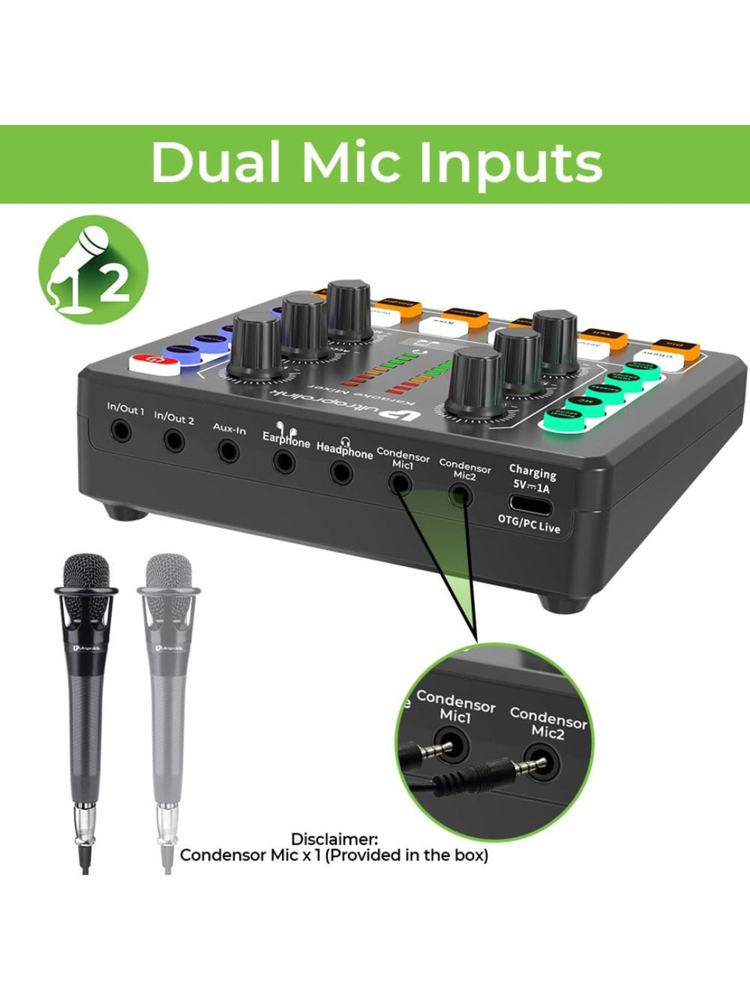 UltraProlink UM1002 Sing Along Pro Portable Bluetooth Audio Mixer Interface, Sound Card for Karaoke