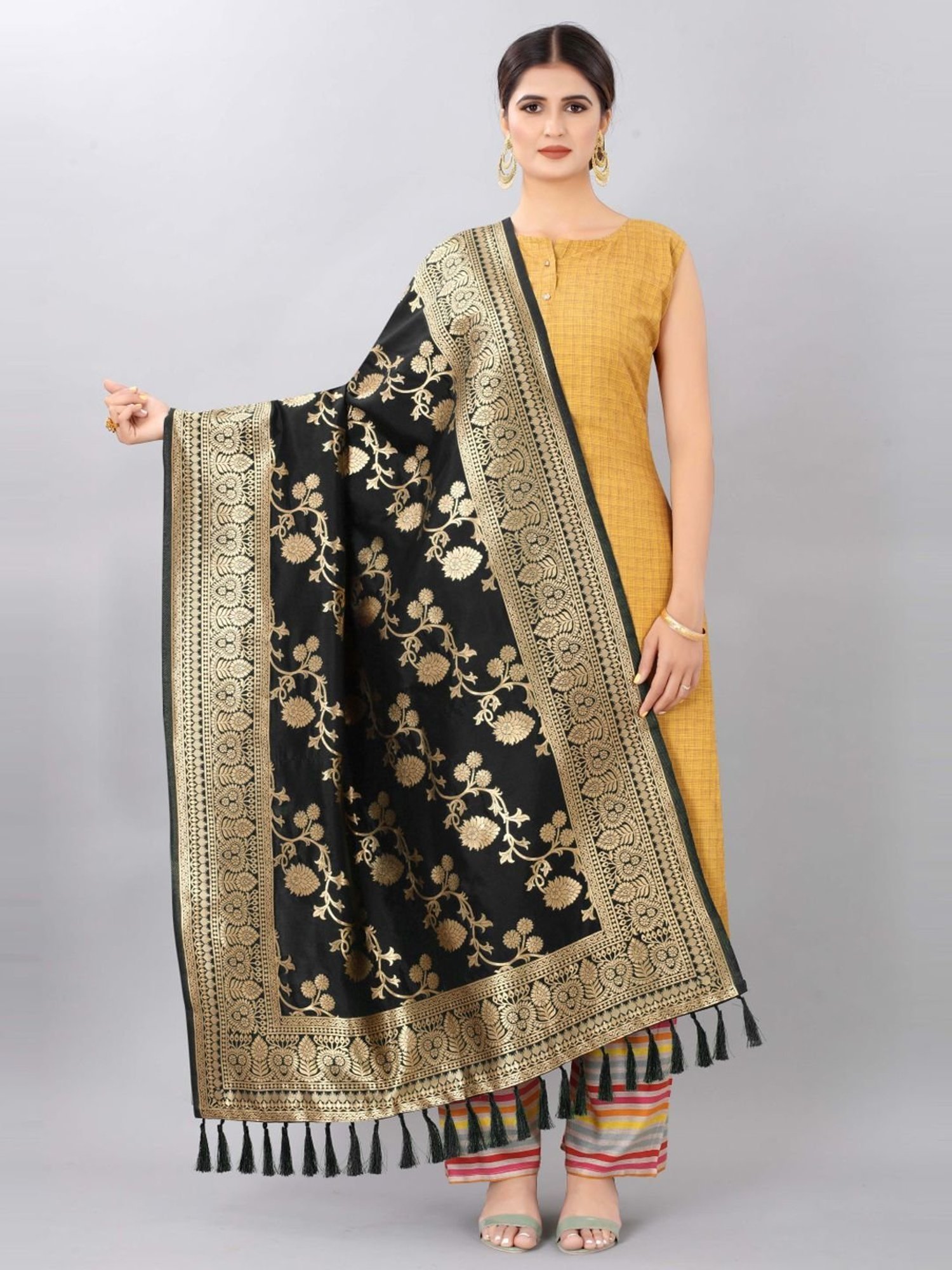Silk Land Black Woven Pattern Dupatta