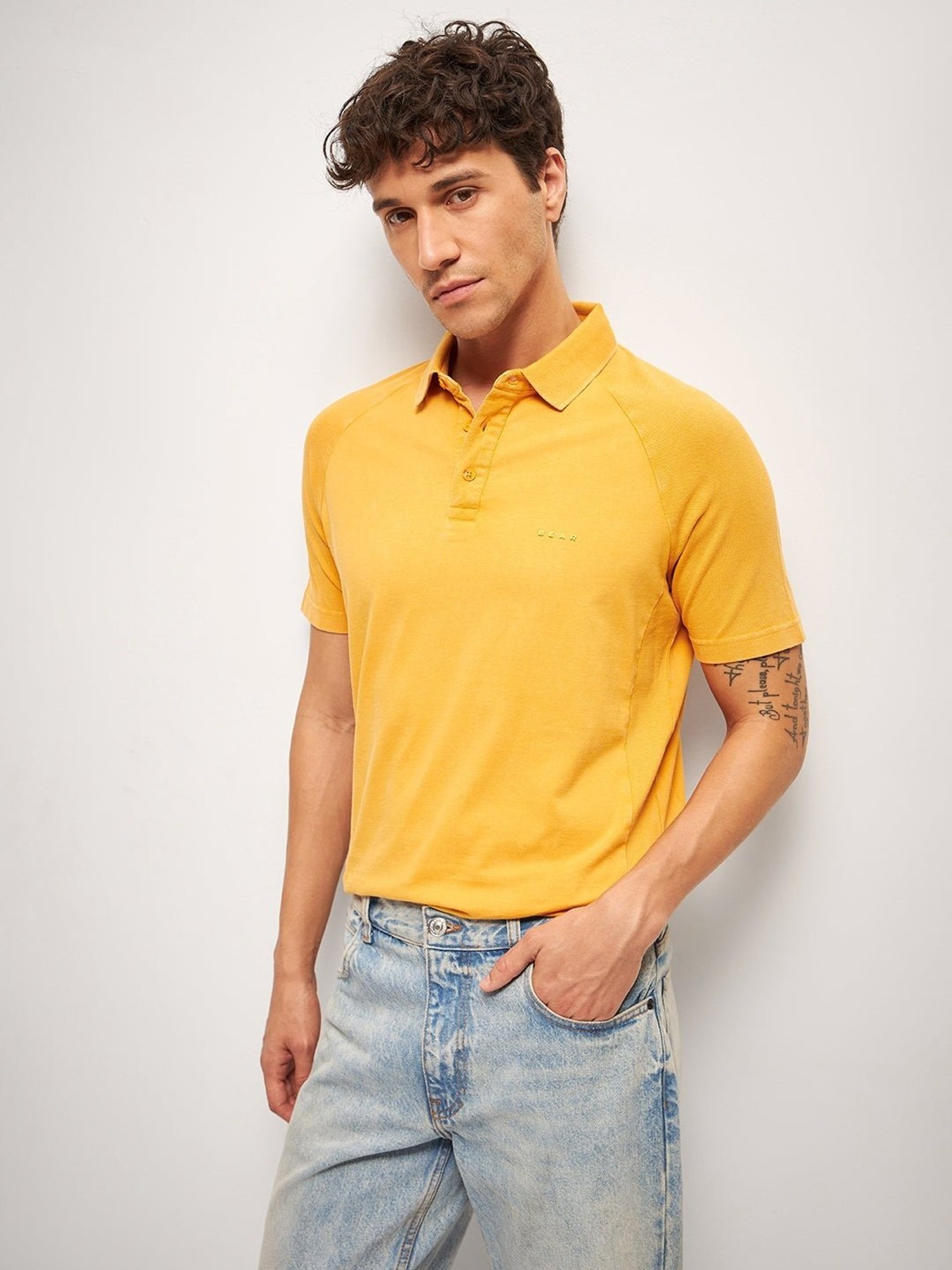 The Bear House Yellow Cotton Regular Fit Self Pattern Polo T-Shirt